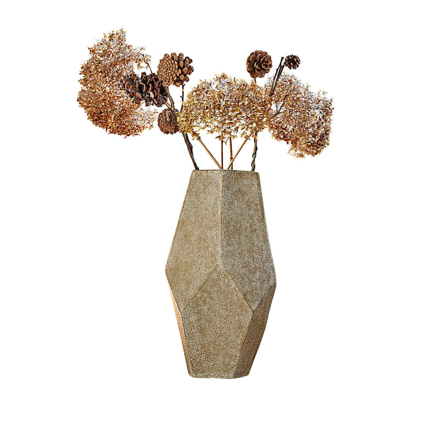 Deko-Vase Kasari Geometrische Vase aus beigem Stein mit getrockneten Blumen und Kiefernzapfen als Wohnaccessoire