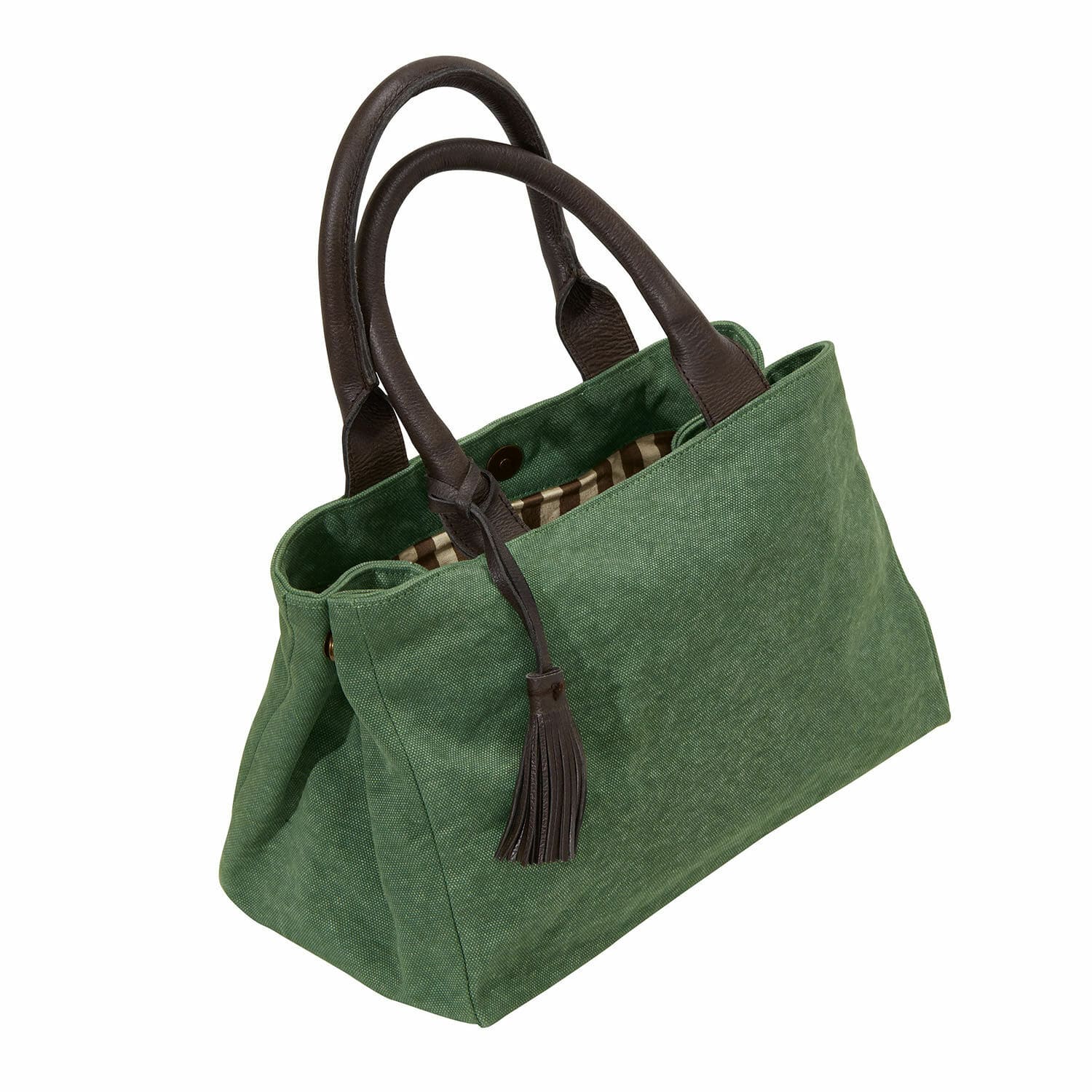 Tasche Hoya Grüne Stofftasche mit braunen Ledergriffen und Quaste, modisches Accessoire für den Alltag