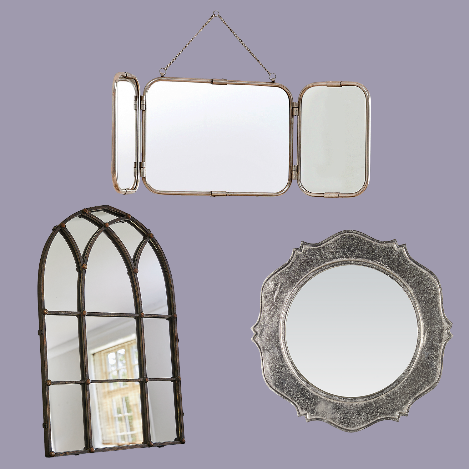 Drei Wandspiegel mit Metallrahmen im Vintage-Stil zur Wohnraumdekoration