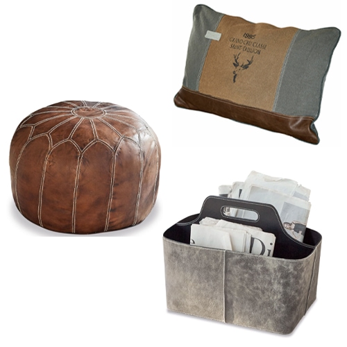 Brauner Leder-Pouf, Kissen aus Stoff und Leder sowie grauer Aufbewahrungskorb für Zeitungen