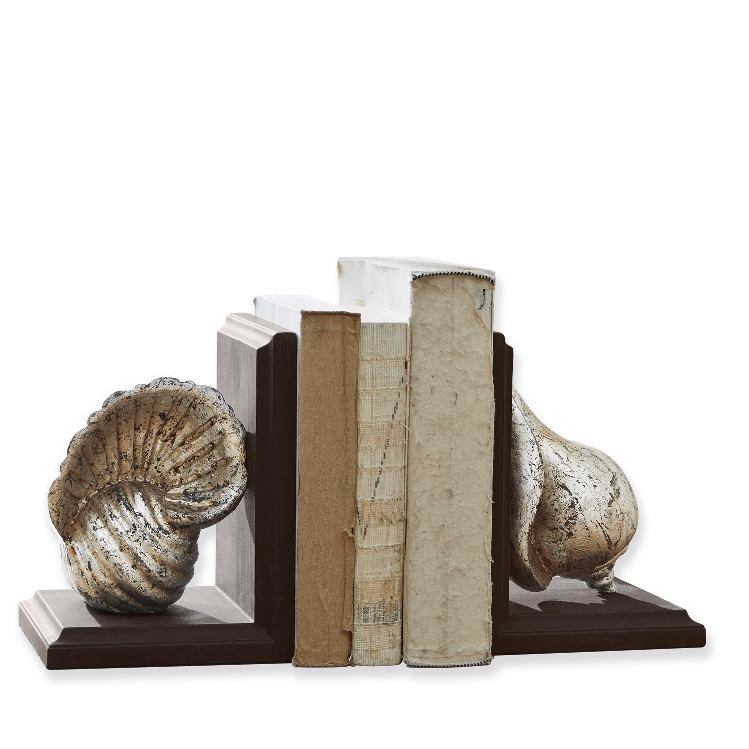 Buchstützen aus dunklem Holz mit antik goldfarbenen Muscheln, dekoratives Wohnaccessoire