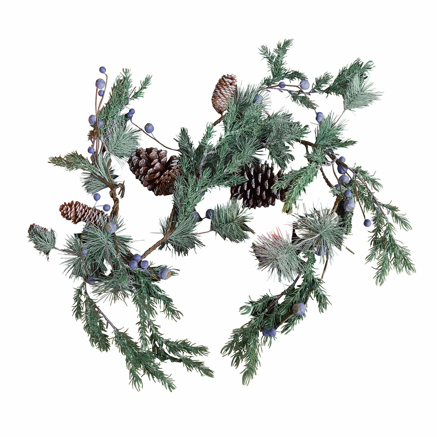 Girlande Virpi Dekorativer Kranz aus grünen Zweigen, Zapfen und blauen Beeren für Weihnachten