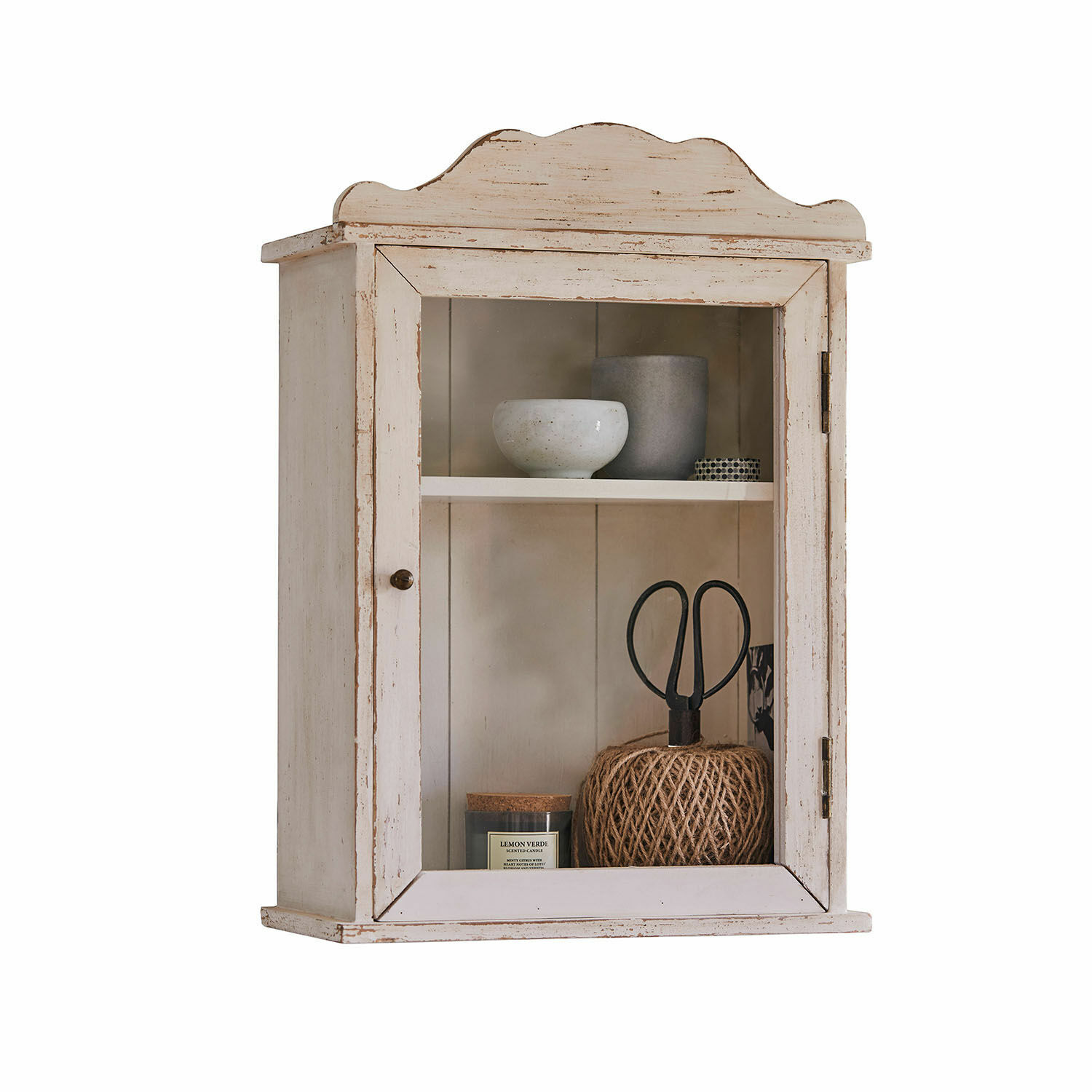 Wandschrank Sandrine Rustikaler weißer Holz-Wandschrank mit Glastür und Innenregal für Dekoration