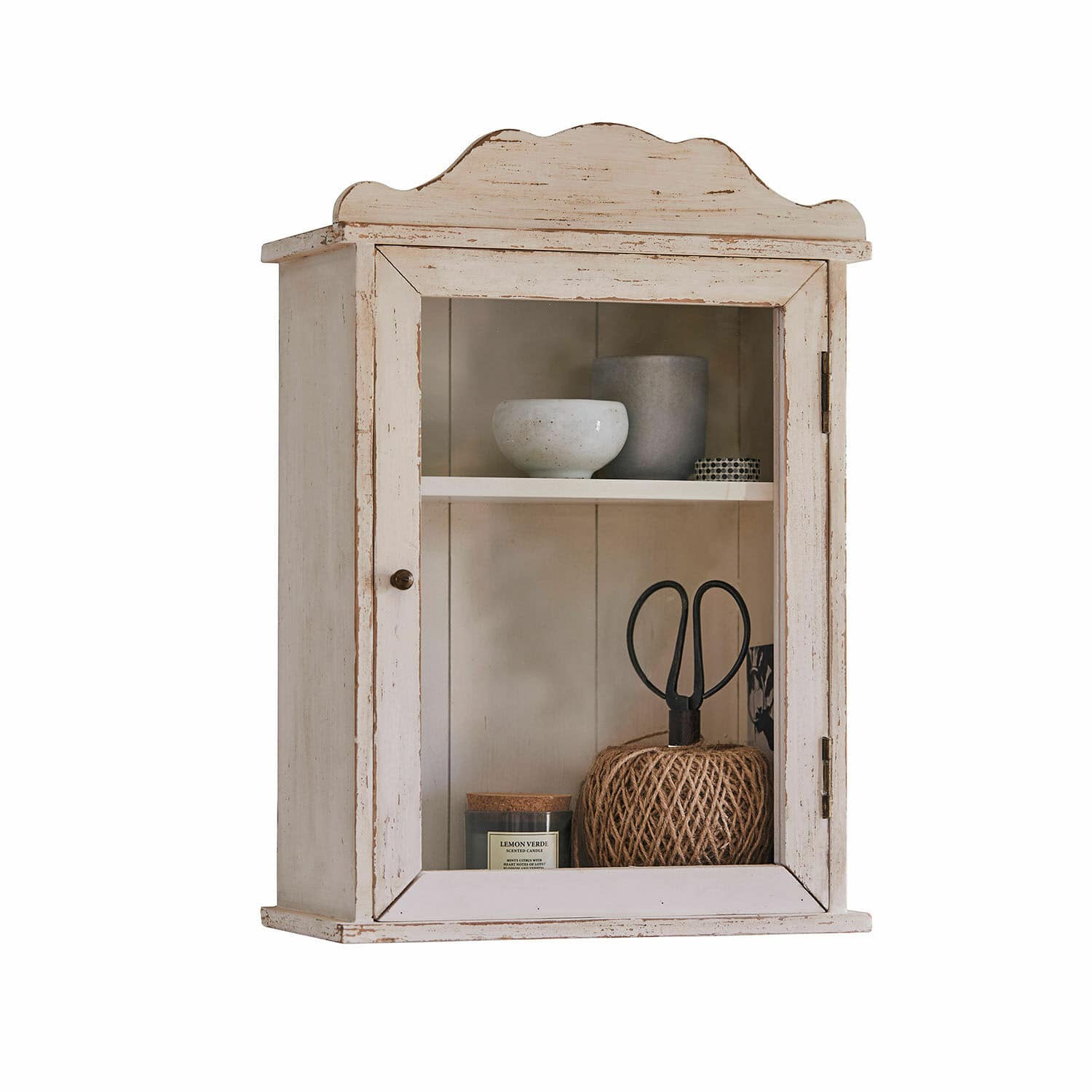 Wandschrank Sandrine Rustikaler weißer Holz-Wandschrank mit Glastür und Innenregal für Dekoration