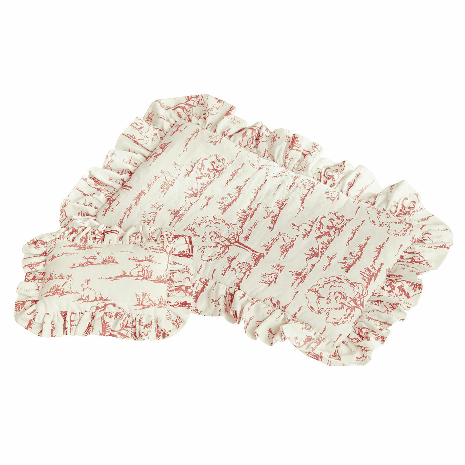Puppenbettwäsche Fleurine Dekoratives Baumwollkissen-Set in Creme mit rotem Muster und Rüschenrand