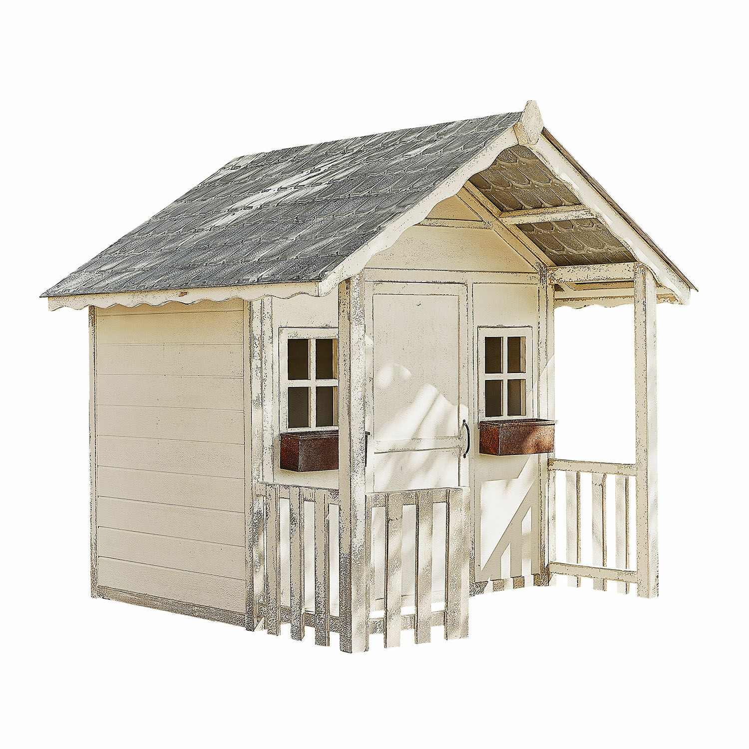 Kindergartenhaus Pouponnet Holz-Gartenhaus in Creme mit grauem Dach und kleinem Balkon mit Geländer