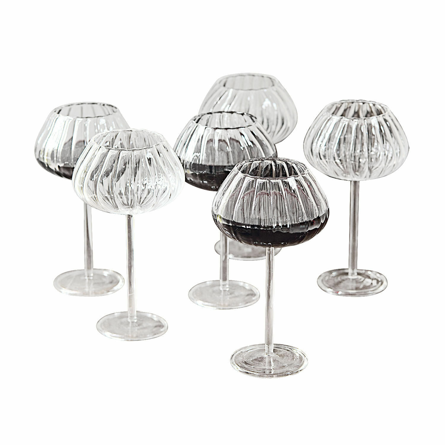 Weinglas 6er Set Minou Set aus sechs transparenten, gerillten Weingläsern aus Glas, elegantes Design für Zuhause