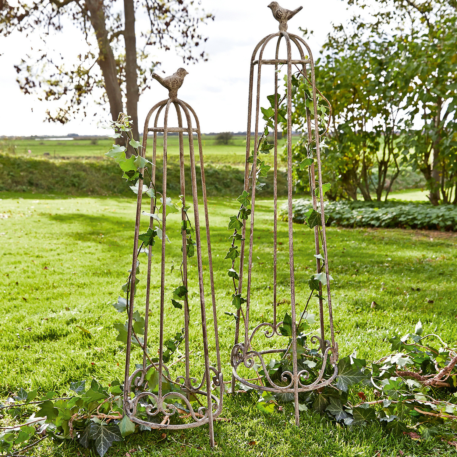 Rankhilfe 2er Set Orianne Dekorative Metall-Gartenobelisken mit Vogelmotiv in Rostoptik zum Stützen von Kletterpflanzen