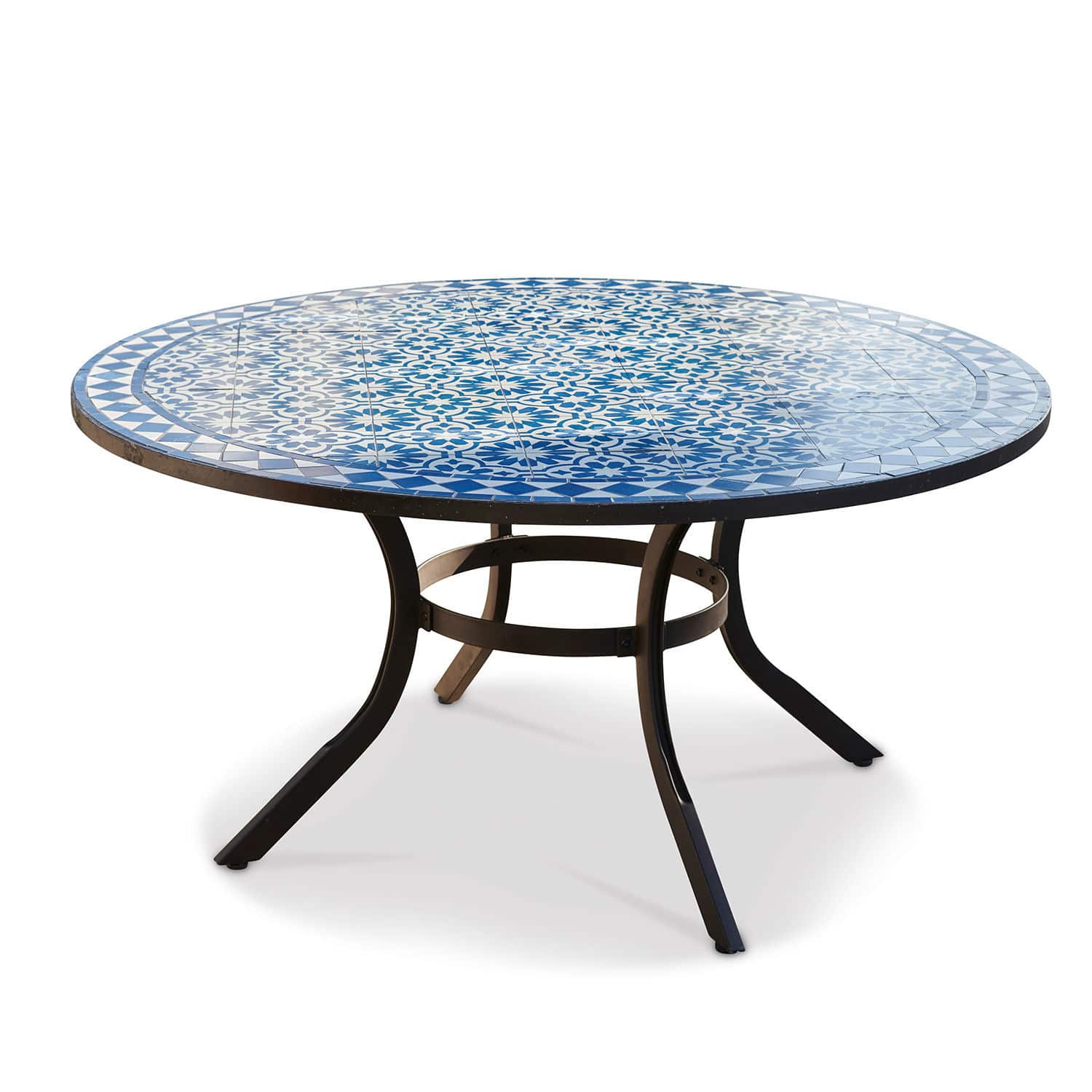 Tisch Jennarton Runder Tisch mit blau-weißem Mosaik-Tischplatte und schwarzem Metallgestell für Terrasse