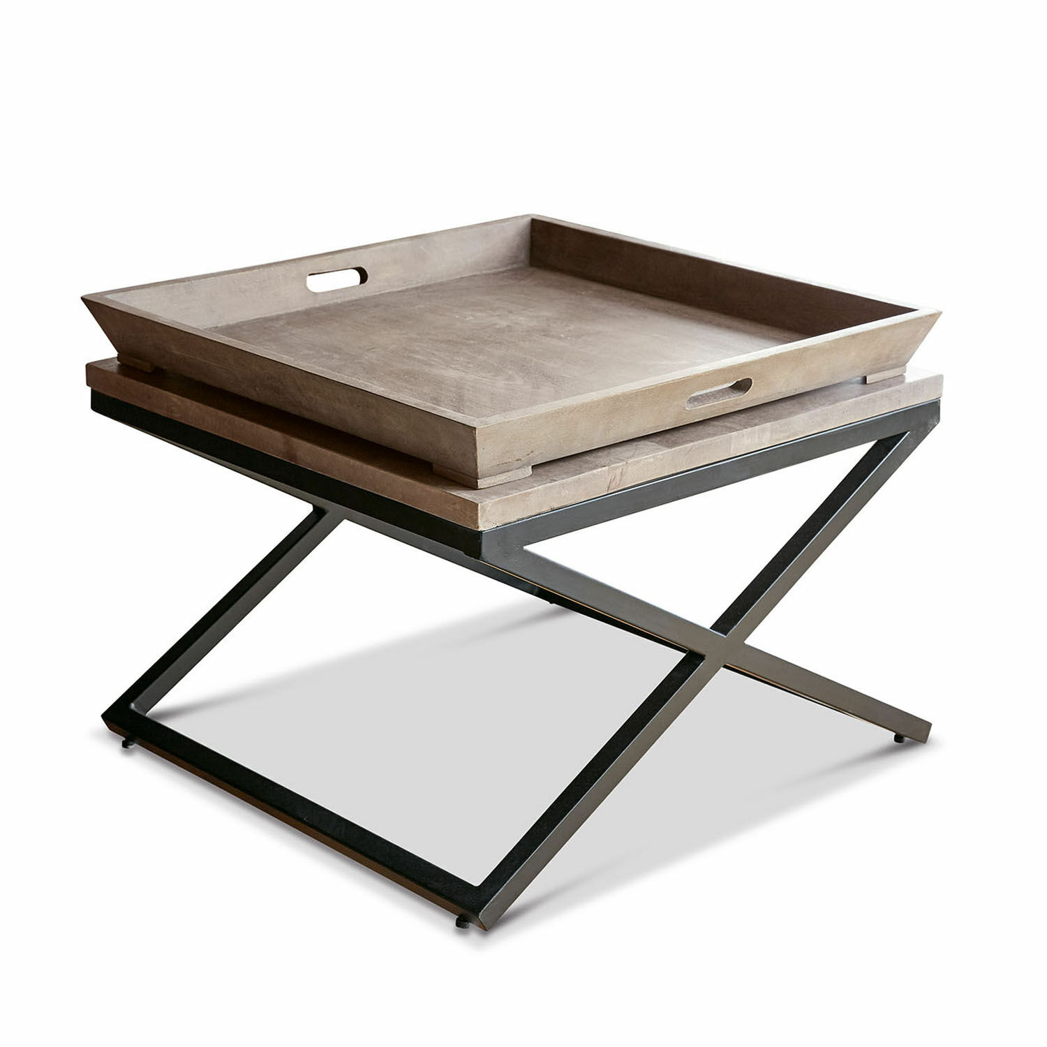 Quadratischer Beistelltisch mit natürlichem Holztablett und schwarzem Metallgestell