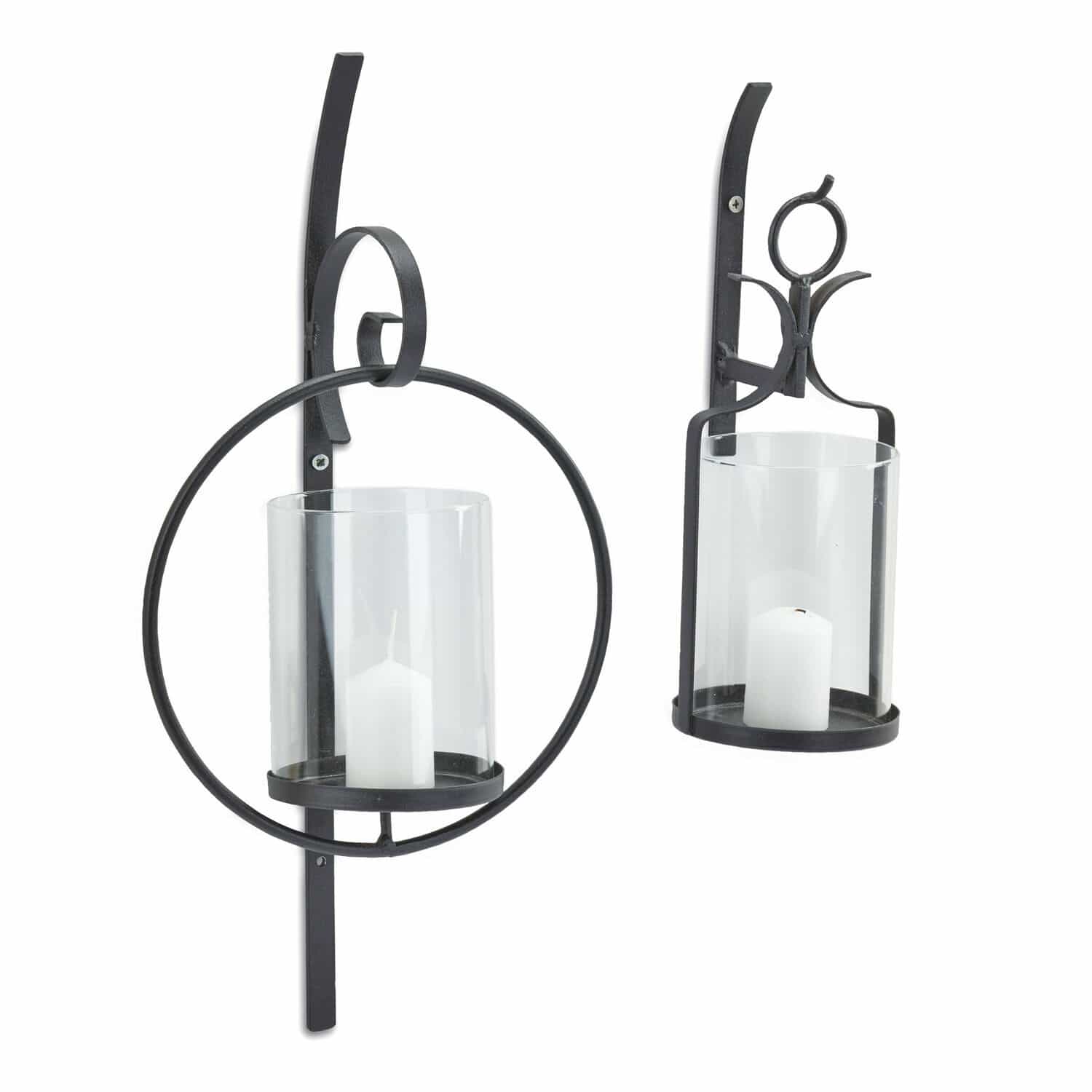 Set aus zwei schwarzen Metall-Wandleuchtern mit klarem Glas und weißen Kerzen für Wanddekoration