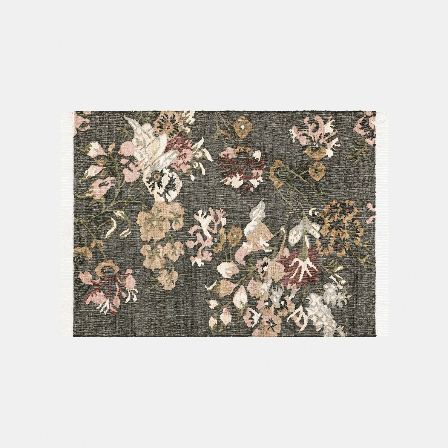 Dunkelgrauer Teppich aus Stoff mit pastellfarbenem Blumenmuster und Fransen an den Seiten