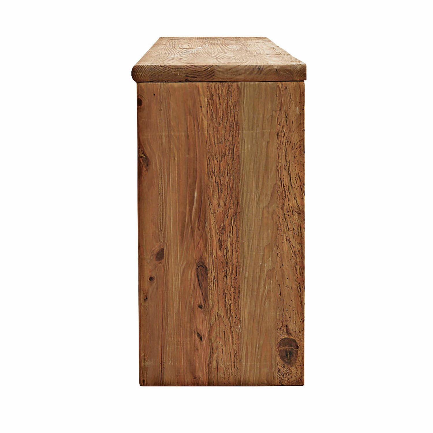 Möbel aus naturbelassenem Holz in hellbrauner Farbe, Seitenansicht mit Holzstruktur