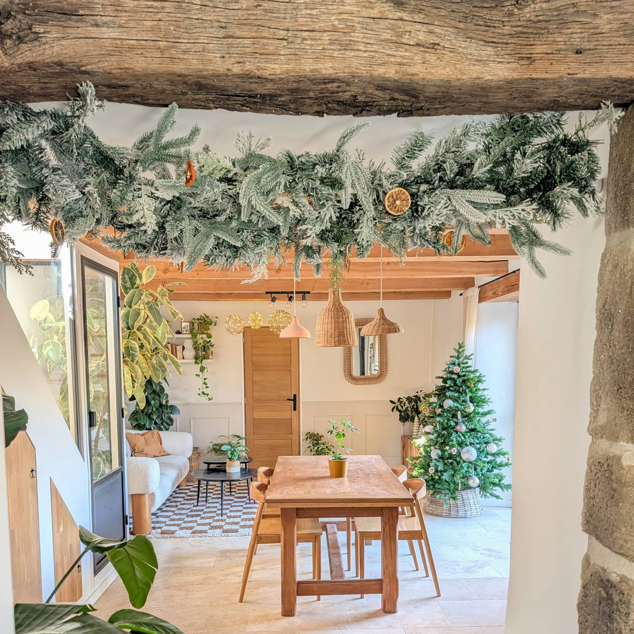 Weihnachtsdekoration mit grünen Zweigen und getrockneten Orangenscheiben in hellem Wohnzimmer mit Holztisch