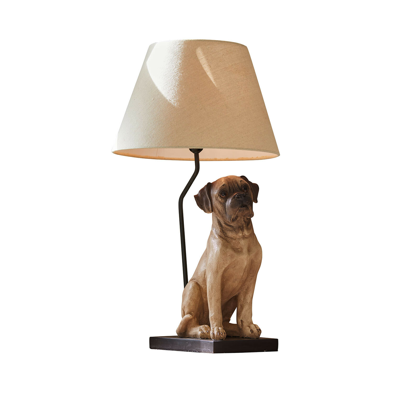 Tischlampe Amélura Tischlampe mit beigem Lampenschirm und brauner Hundefigur aus Kunststoff als Sockel