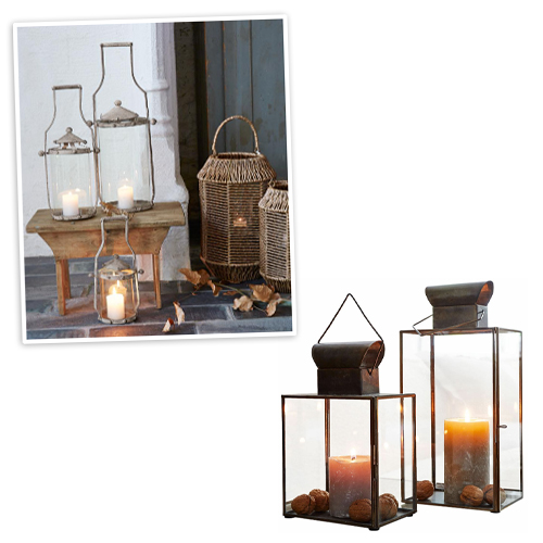 Set aus Metall- und Glaslaternen mit Griffen, dekoriert mit Kerzen und Nüssen