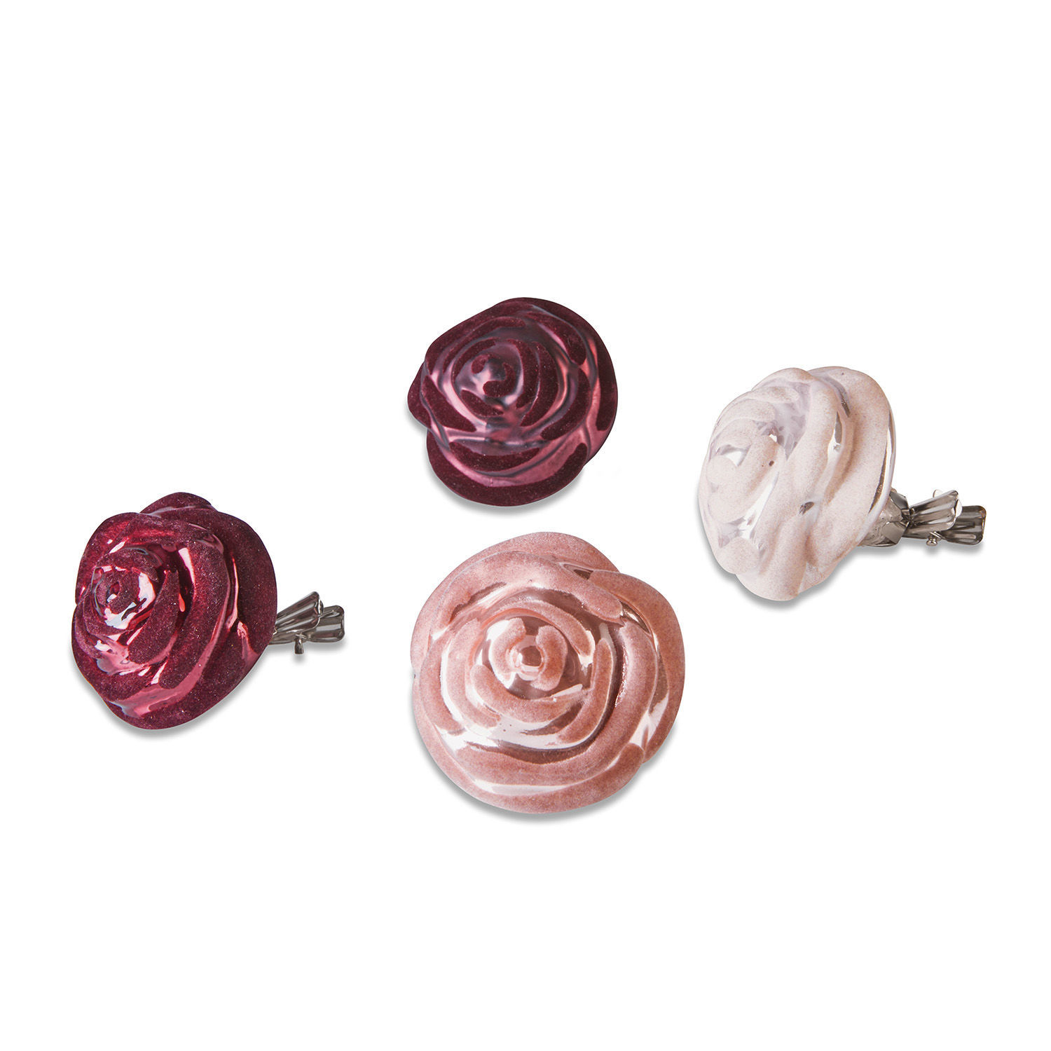 Set aus vier Keramikklammern in Rosenform in Rosa- und Weißtönen zur Dekoration