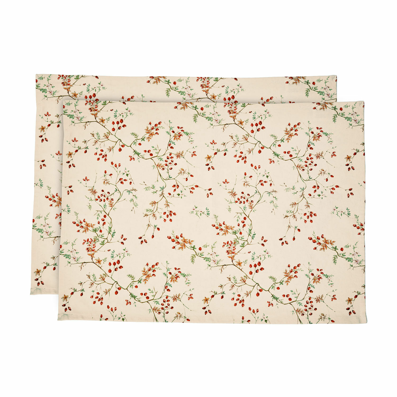 Geschirrtuch 2er set Mauriac Set aus zwei Baumwoll-Tischsets in Creme mit rotem Beeren- und grünem Zweigmuster für den Esstisch
