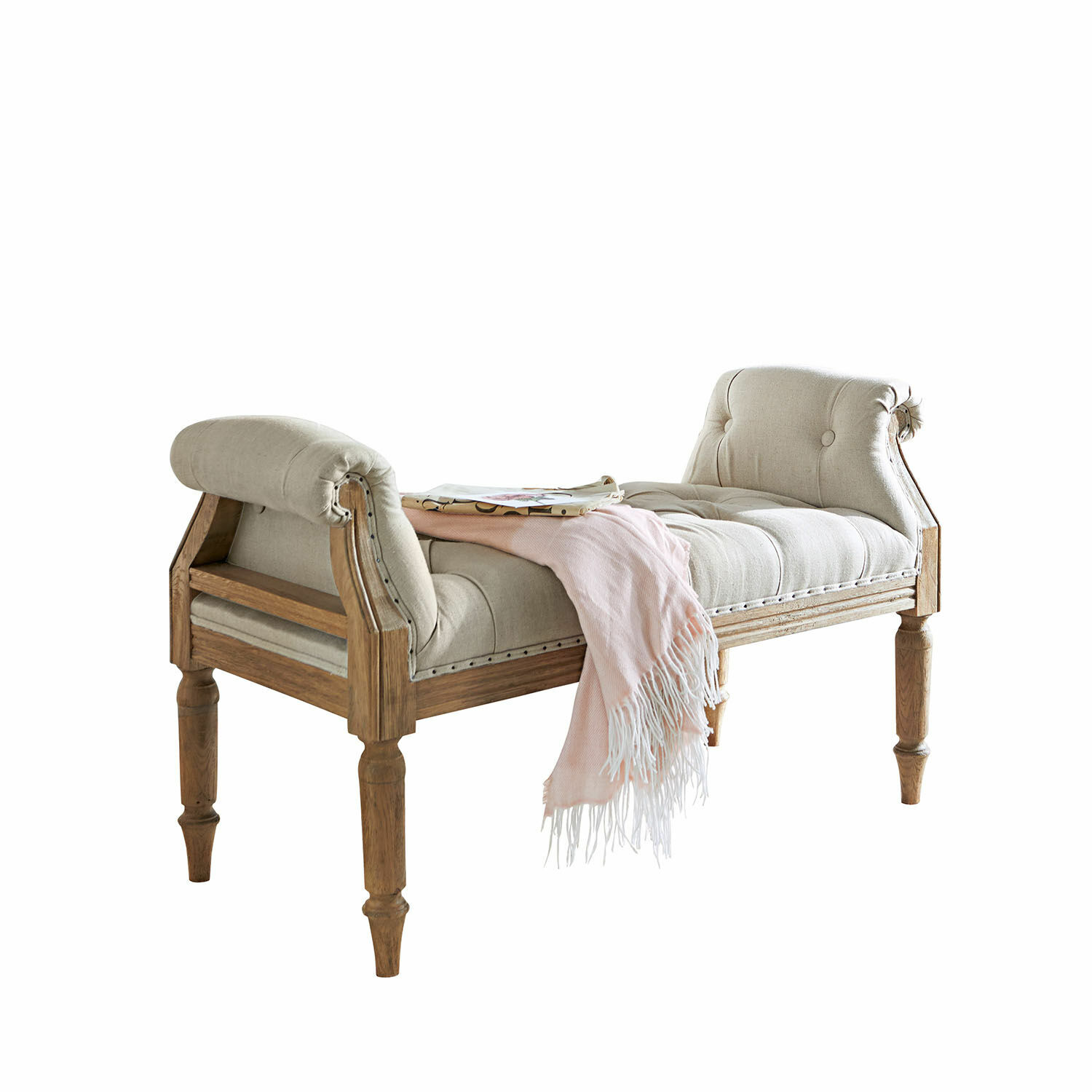 Bank Griveta Beige gepolsterte Bank mit Holzrahmen und rosa Decke als Dekoration