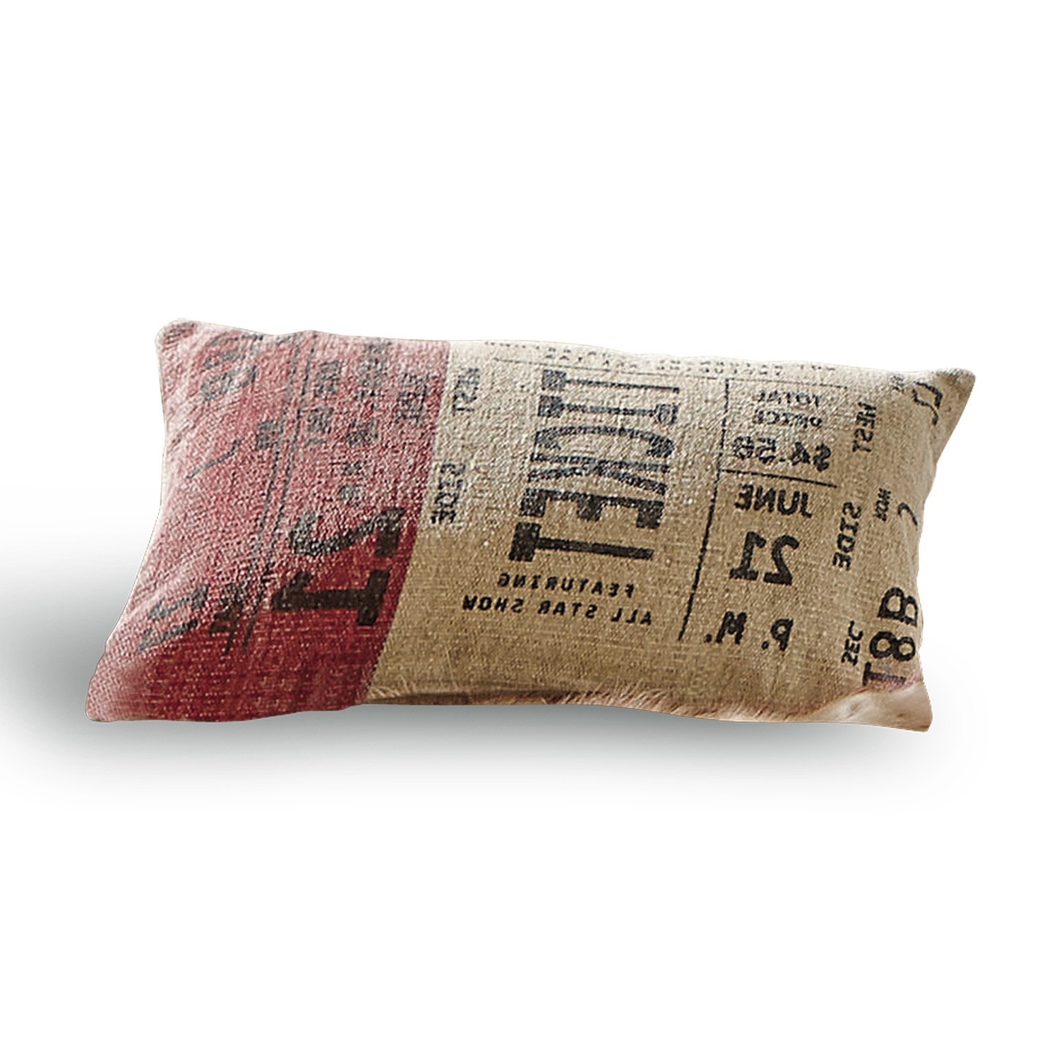 Rechteckiges Dekokissen aus Stoff in Beige und Rot mit Textdruck im Vintage-Stil