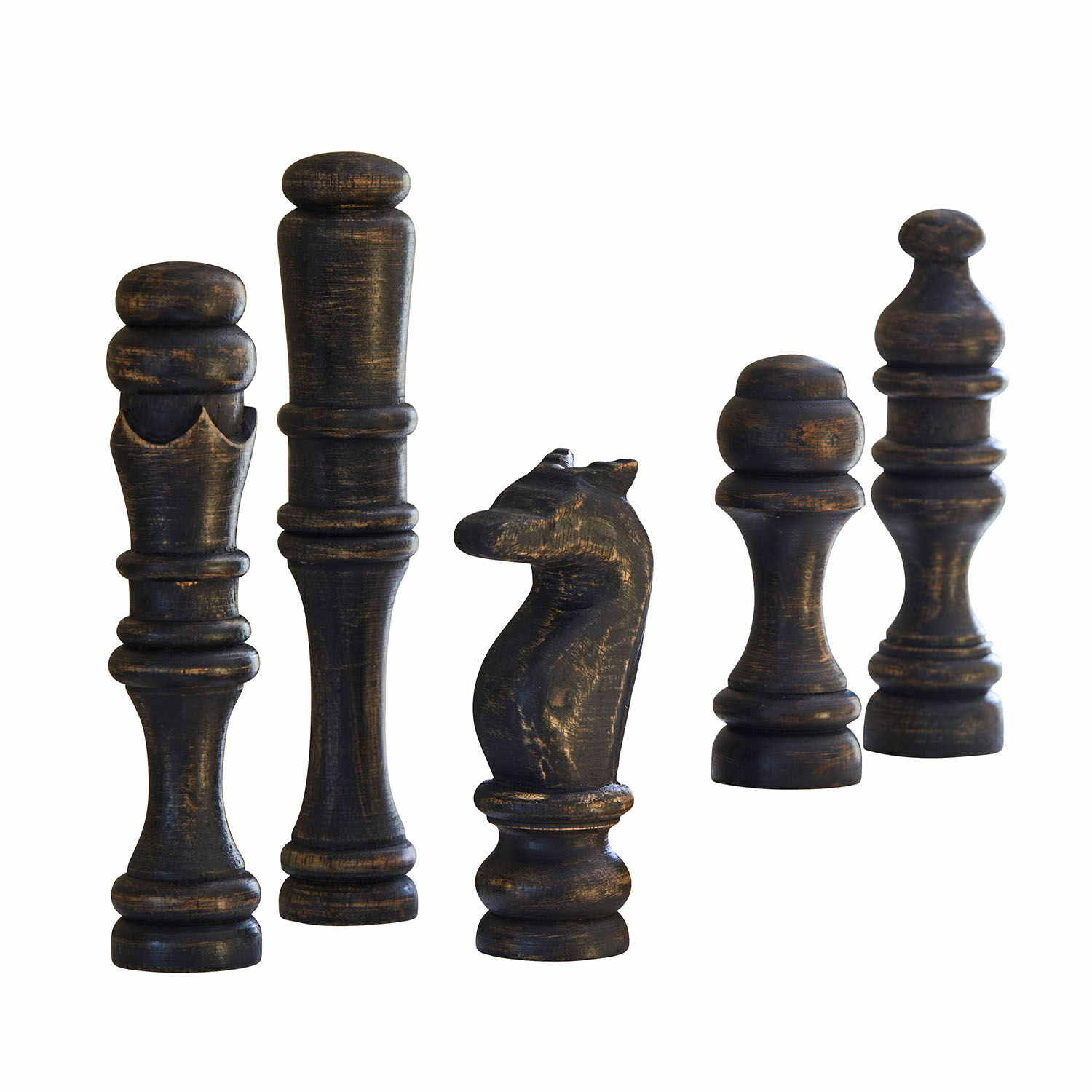 Deko-Objekt 5er Set Guillemineau Fünf große schwarze Schachfiguren aus Holz mit antikem Finish, dekoratives Spielzubehör