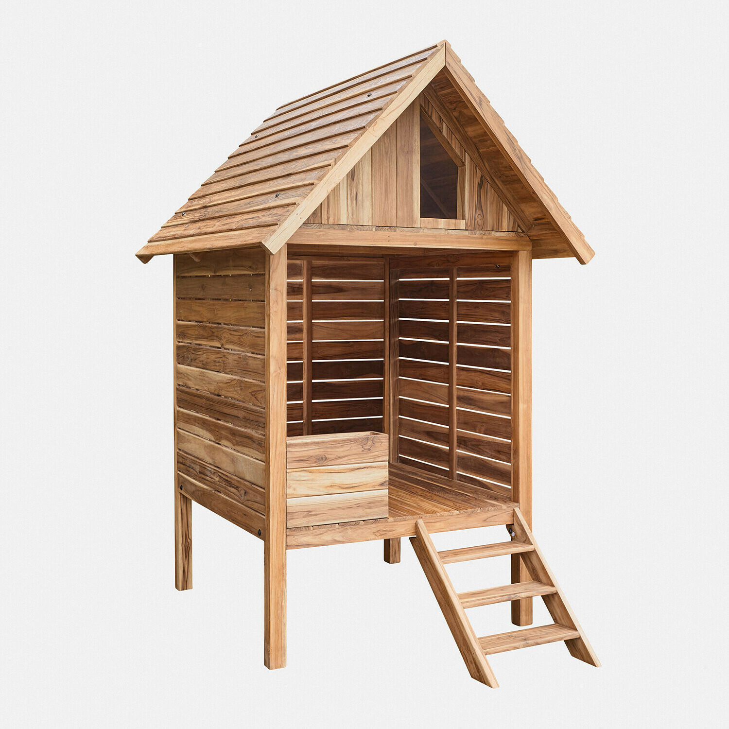 Kinder-Holzhaus aus hellem Teakholz mit kleiner Leiter, wetterfest und für Garten geeignet