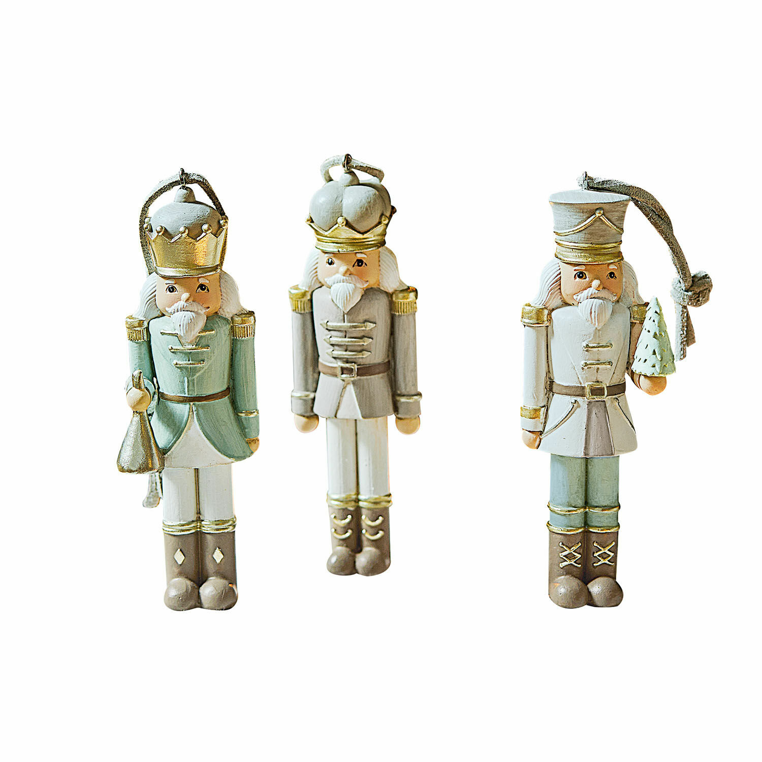 Anhänger 3er Set Randolph Set aus drei pastellfarbenen Holz-Nussknacker-Dekorationen mit Aufhängungen für Weihnachten