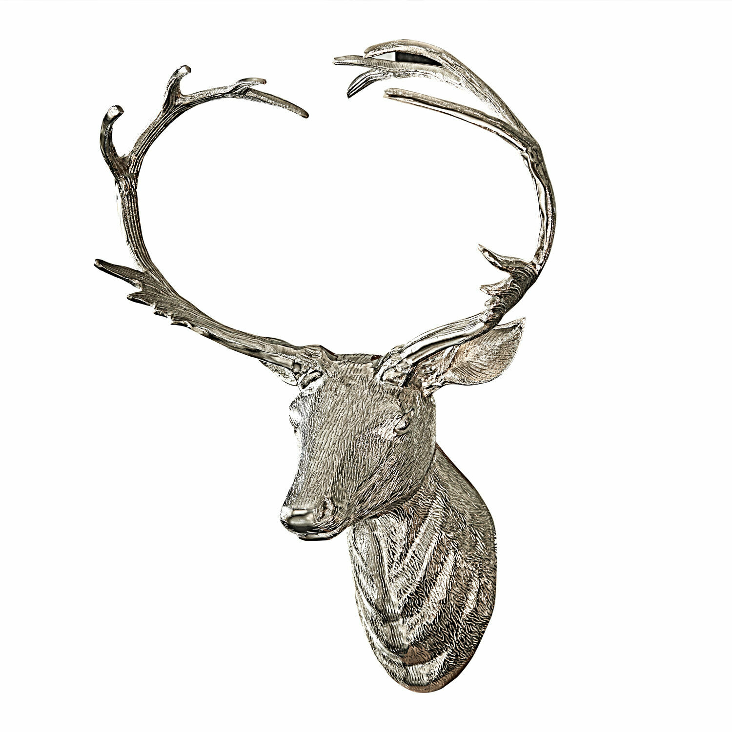 Silberne Hirschkopf-Wanddekoration aus Metall mit großen Geweihen, stilvolles Wohnaccessoire