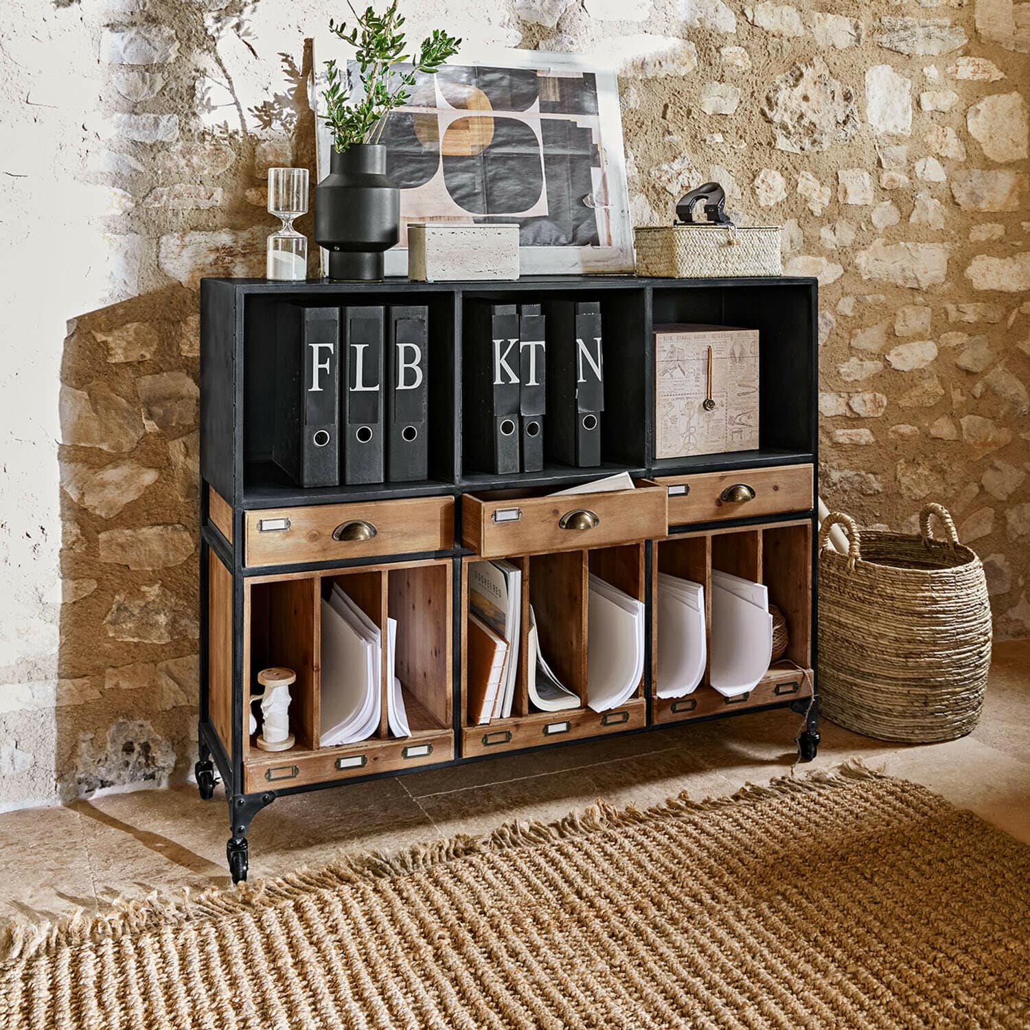 Sideboard Fenwicke Schwarze Metall-Holz-Kommode mit Schubladen und Ordnern, industrieller Stil für Büroorganisation