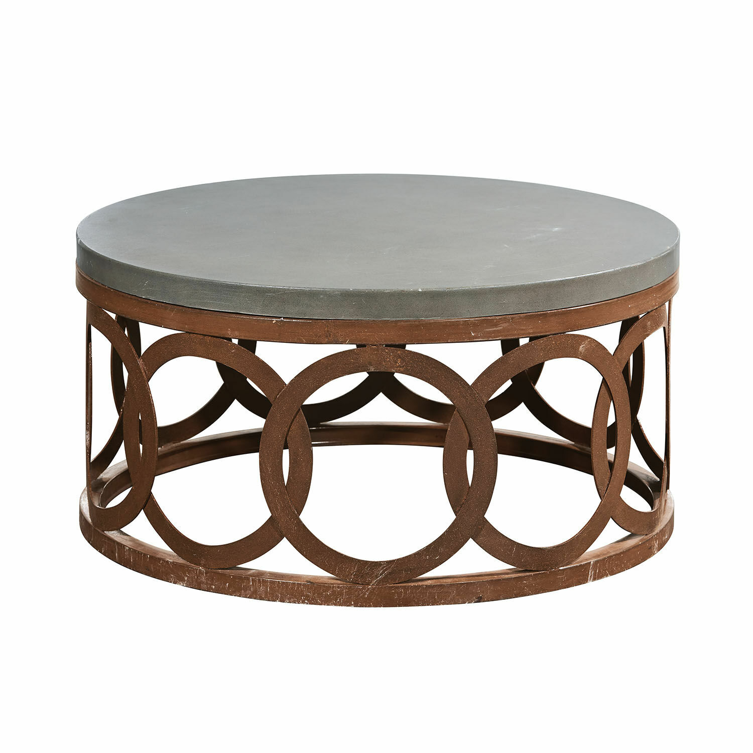 Runder Couchtisch mit Betonplatte und rostfarbener Metallbasis im modernen Industrie-Design