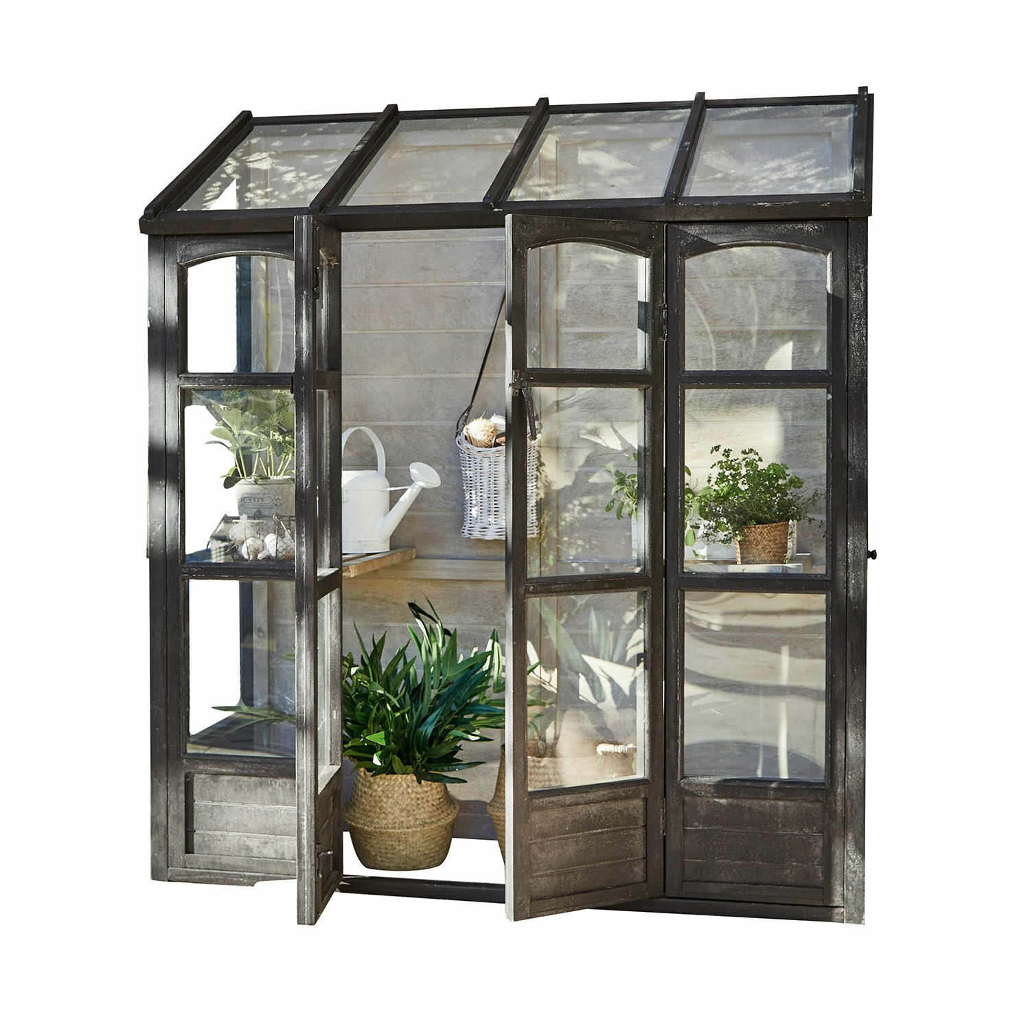 Gewächshaus Abilenne Gartengewächshaus aus schwarzem Metall mit Regalen und Pflanzen, ideal für Kräuter und Blumen