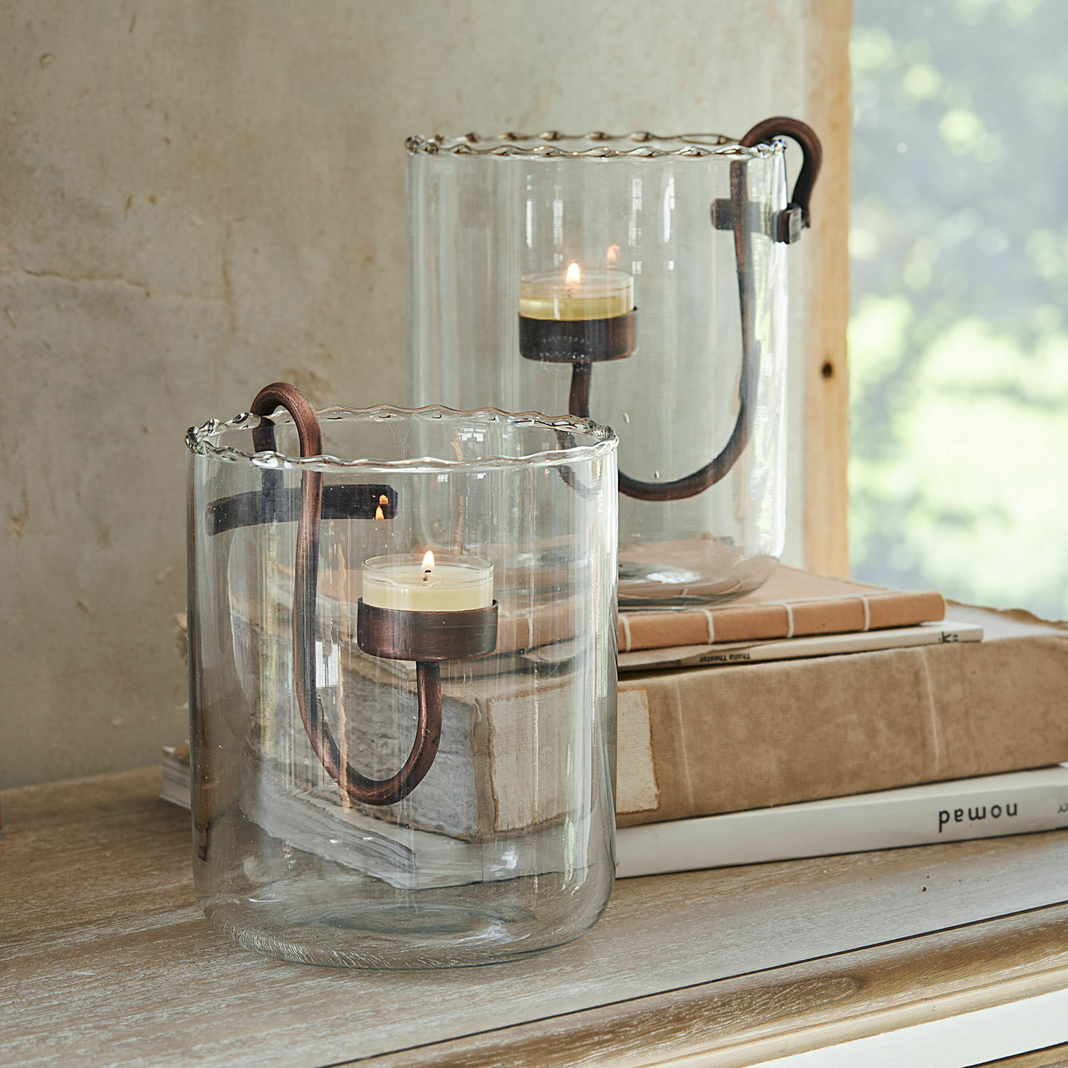 Windlicht 2er Set Lynn Glas-Teelichthalter mit kupferfarbenem Metallgriff für weiße Kerze, Wohnaccessoire
