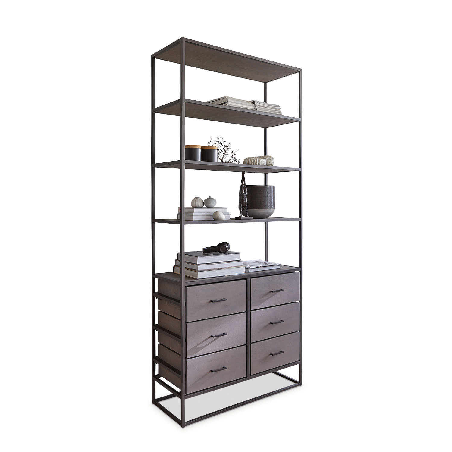 Graues Regal aus Holz und Metall mit sechs Schubladen und Regalböden für Bücher und Dekoration
