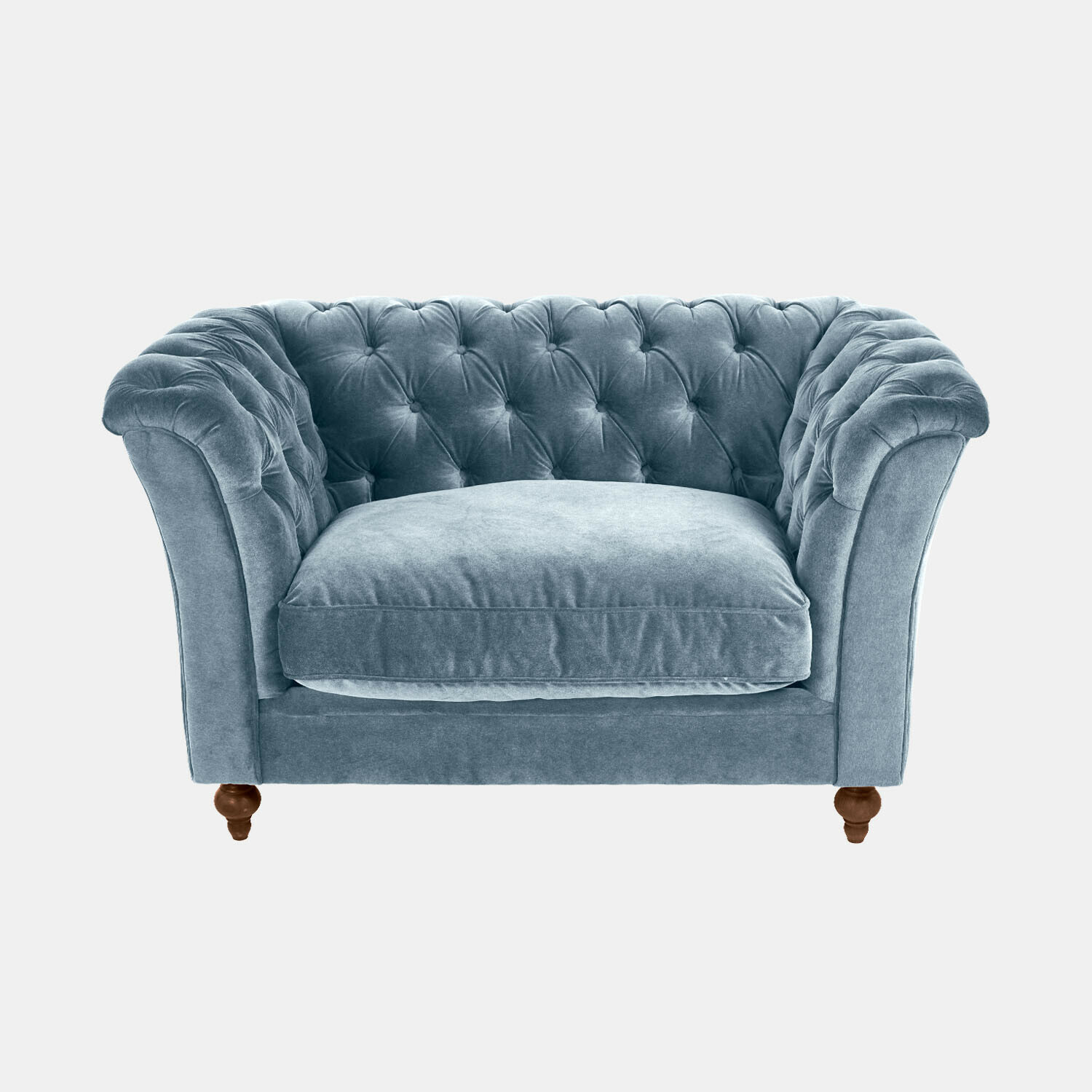 Blaues Samtsofa mit gesteppter Rückenlehne und Holzbeinen, bequemes Wohnzimmermöbel