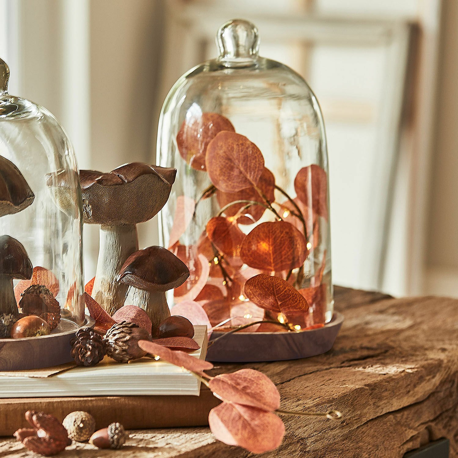 Glasglocke mit getrockneten Blättern und Pilzdekoration auf Holztisch, herbstliche Deko