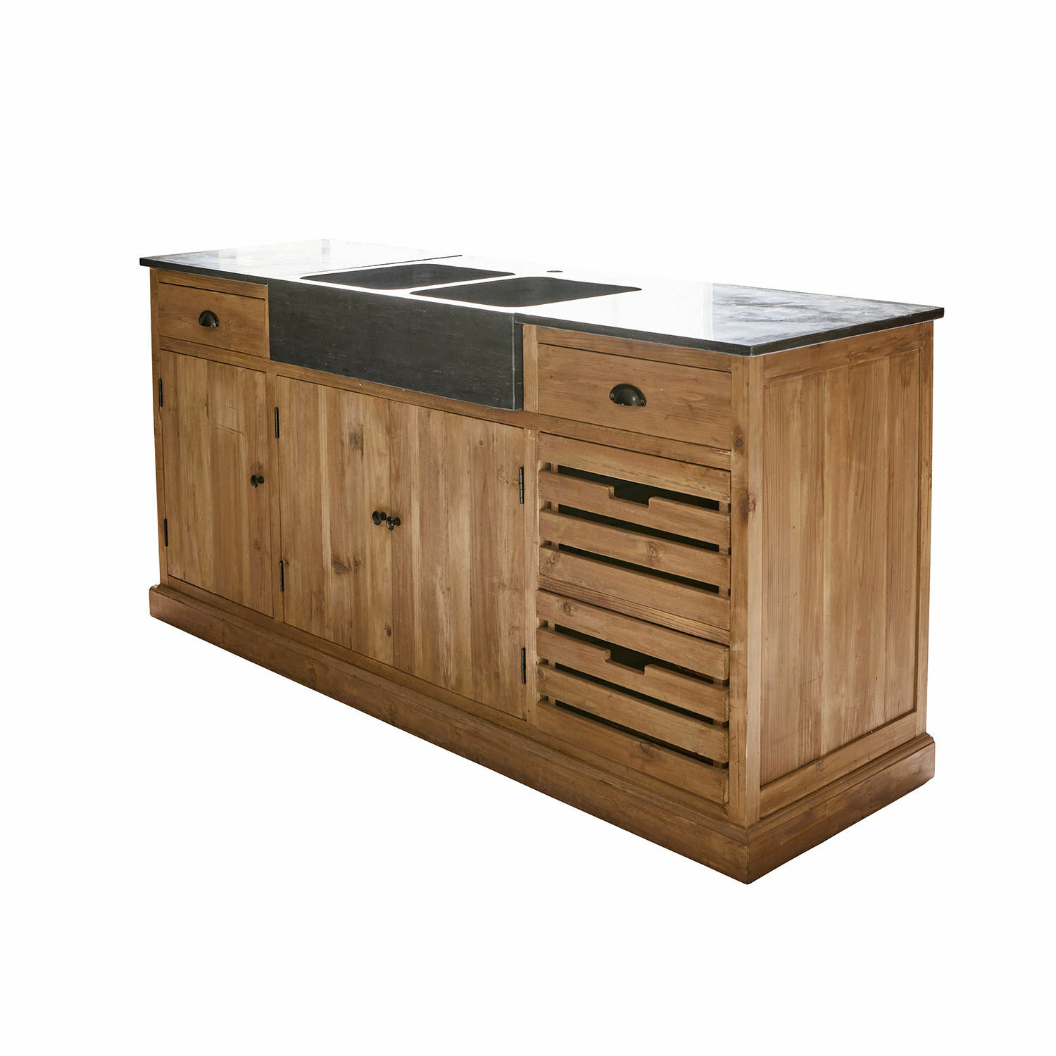 Kücheninsel aus Holz mit schwarzer Steinplatte und Spüle, praktische Schubladen und Schränke