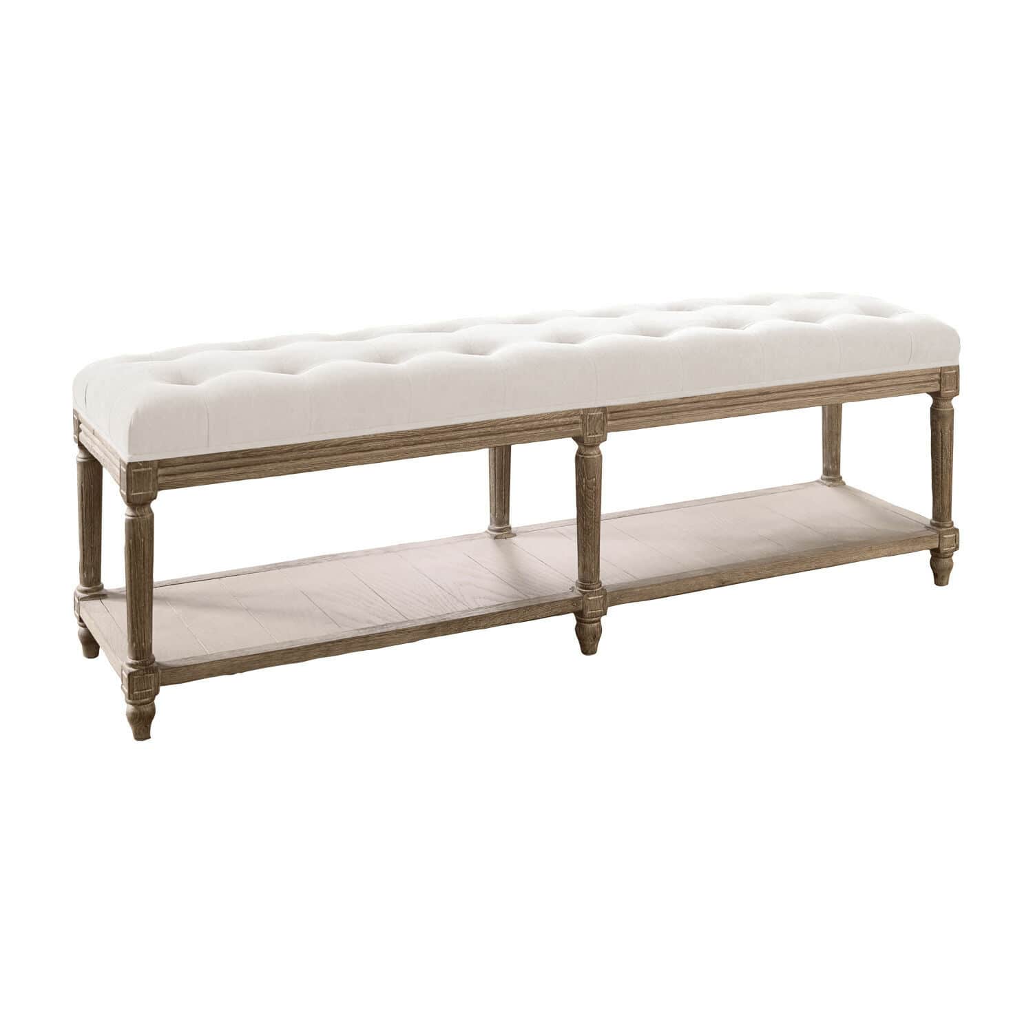 Bank Surcelles mit cremefarbenem, gepolstertem Sitz und antikbraunem Holzgestell im Vintage-Stil