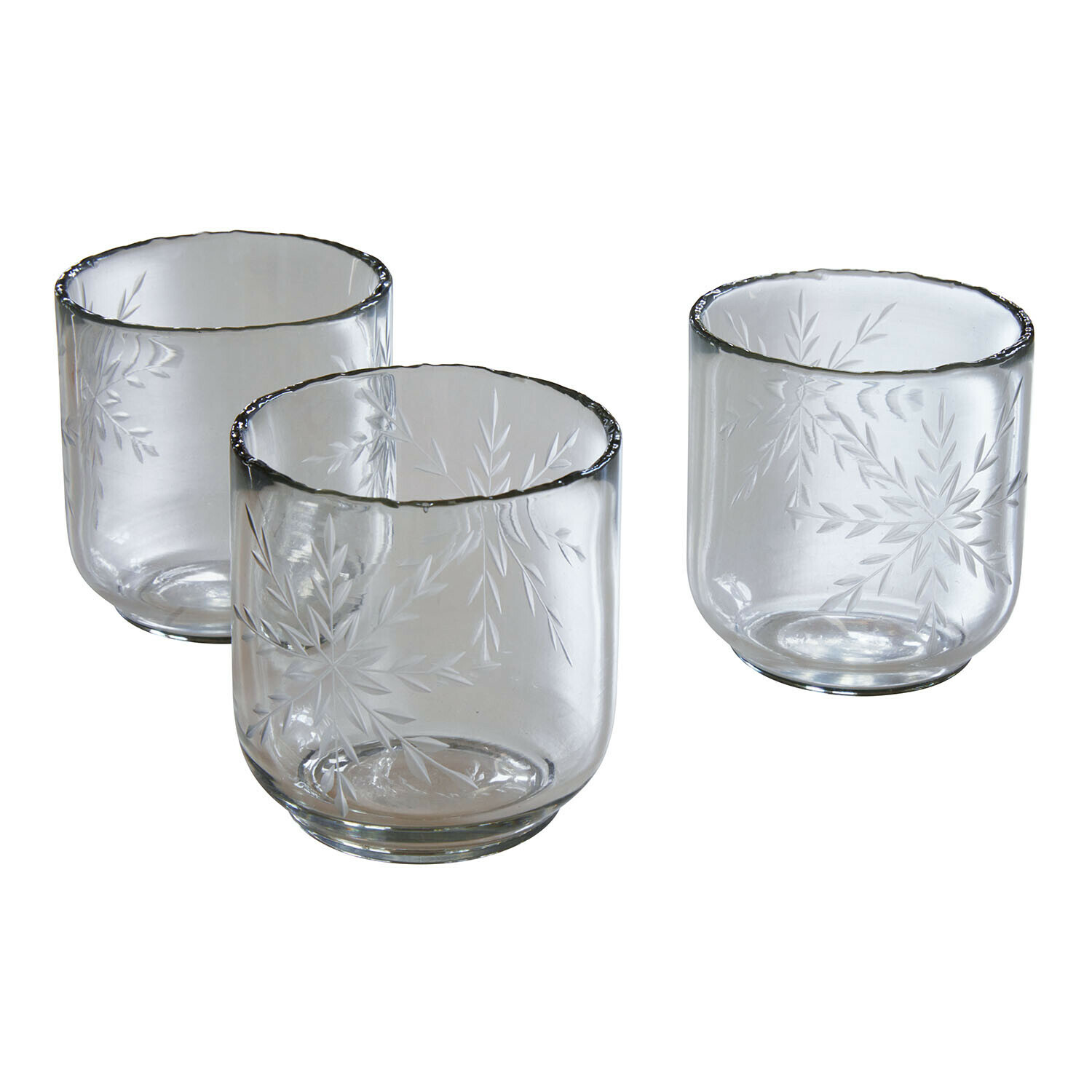 Windlicht 3er Set Selhild Set aus drei klaren Gläsern mit graviertem Blattmuster aus durchsichtigem Glas