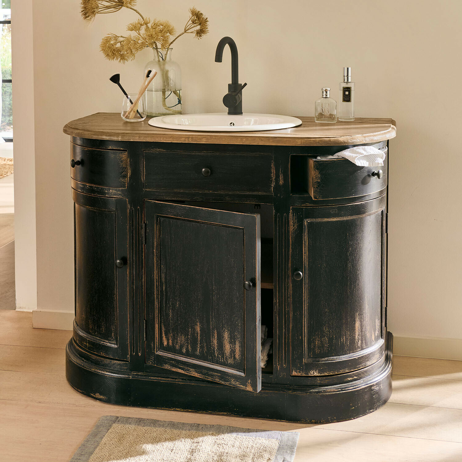 Waschtisch Louisiana Schwarzer Holz-Badezimmerschrank mit weißem Waschbecken und hellem Holzplatte im Vintage-Stil