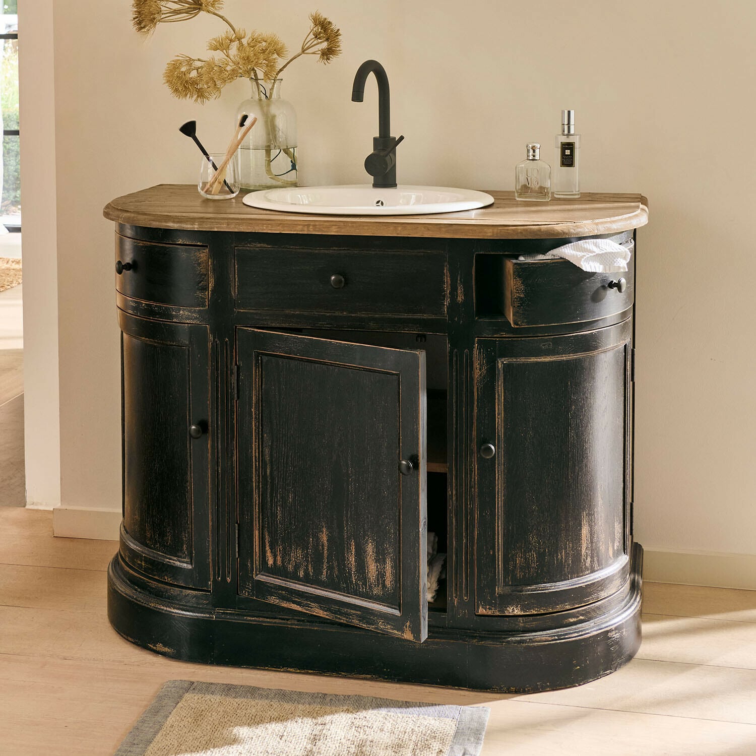 Waschtisch Louisiana Schwarzer Holz-Badezimmerschrank mit weißem Waschbecken und hellem Holzplatte im Vintage-Stil