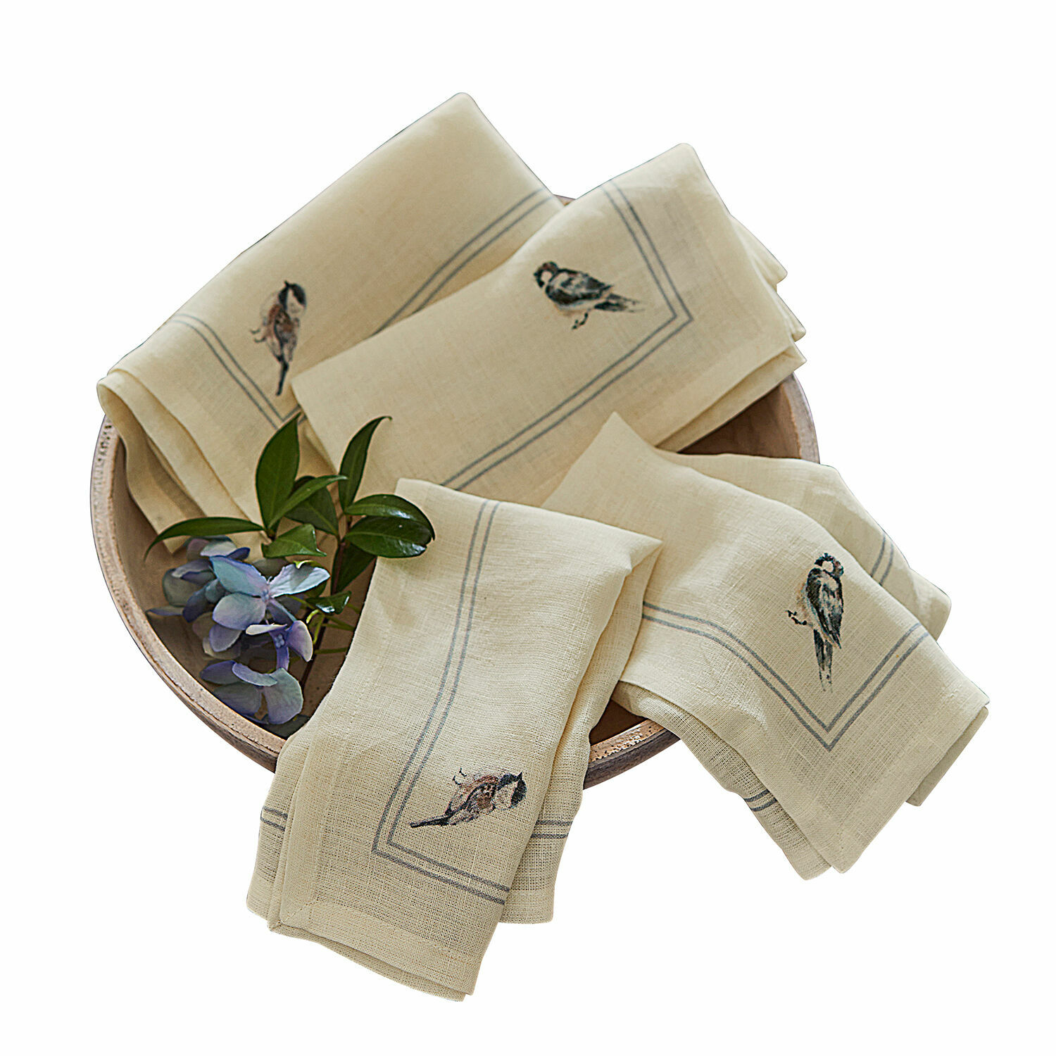 Serviette 4er Set Taralga Leinen-Servietten in Creme mit Vogelmotiv, dekorative Tischtextilien für Esszimmer