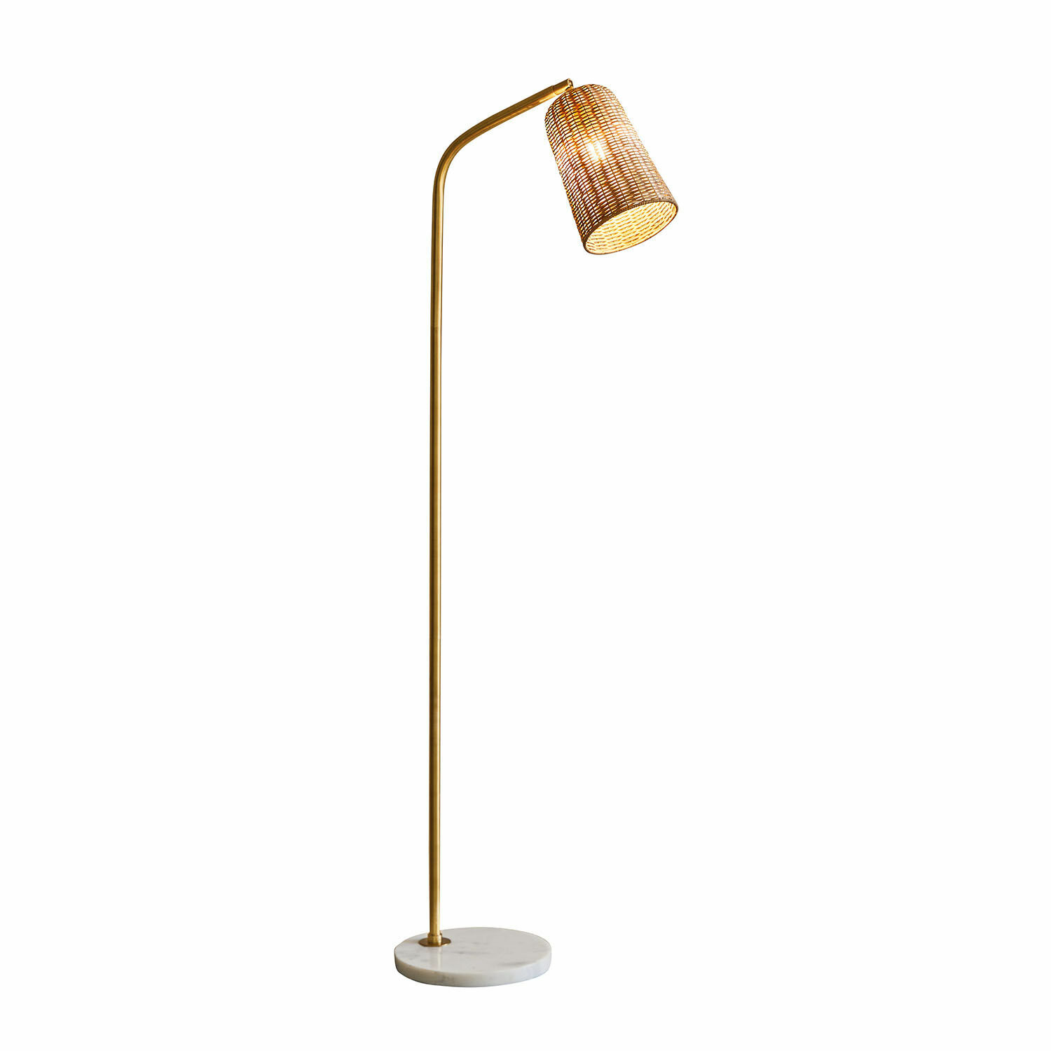 Stehlampe aus Messing mit Rattan-Schirm und Marmorfuß, dekorative Stehleuchte