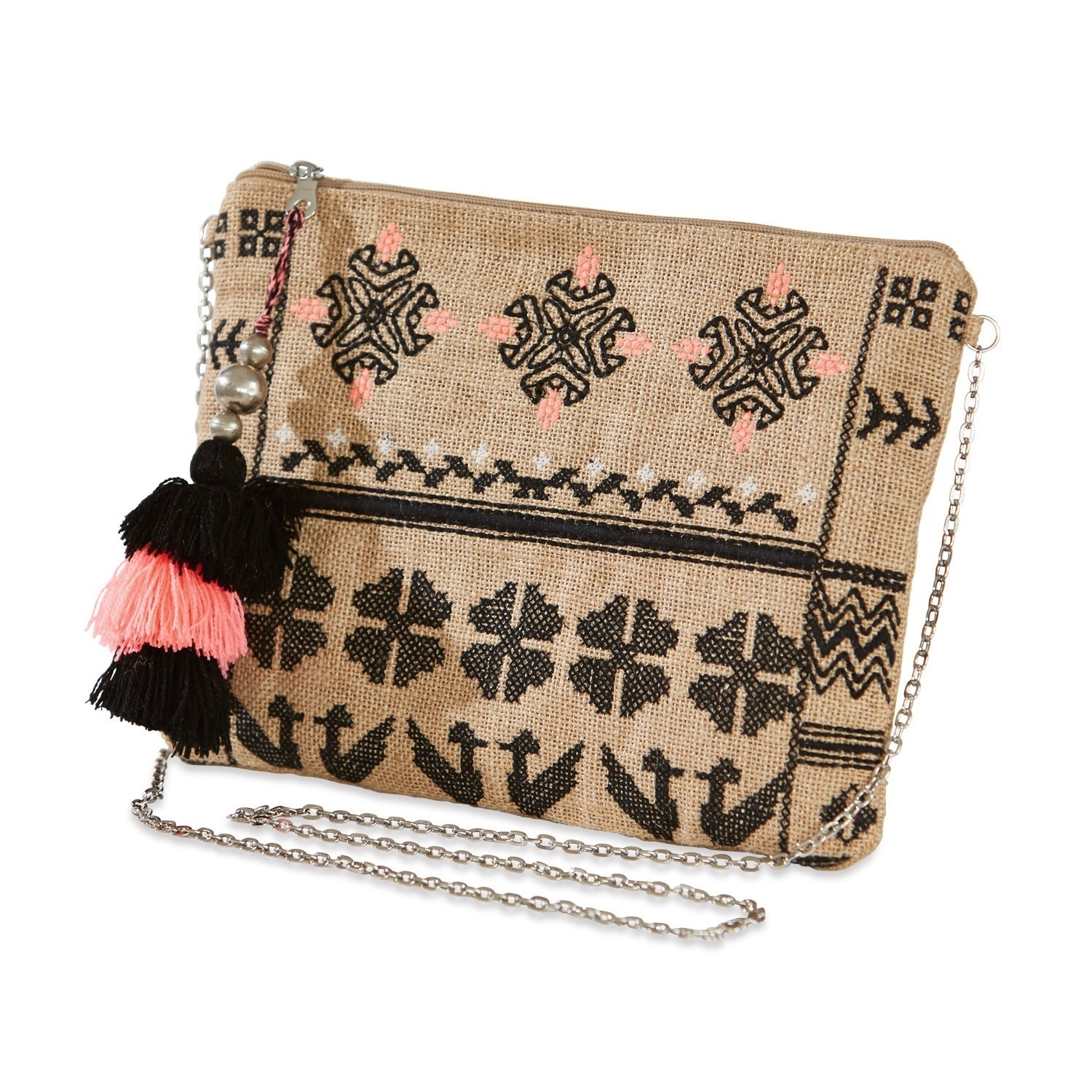 Beige Jutetasche mit schwarzer und rosa Stickerei sowie silberner Kette, modisches Accessoire für den Alltag