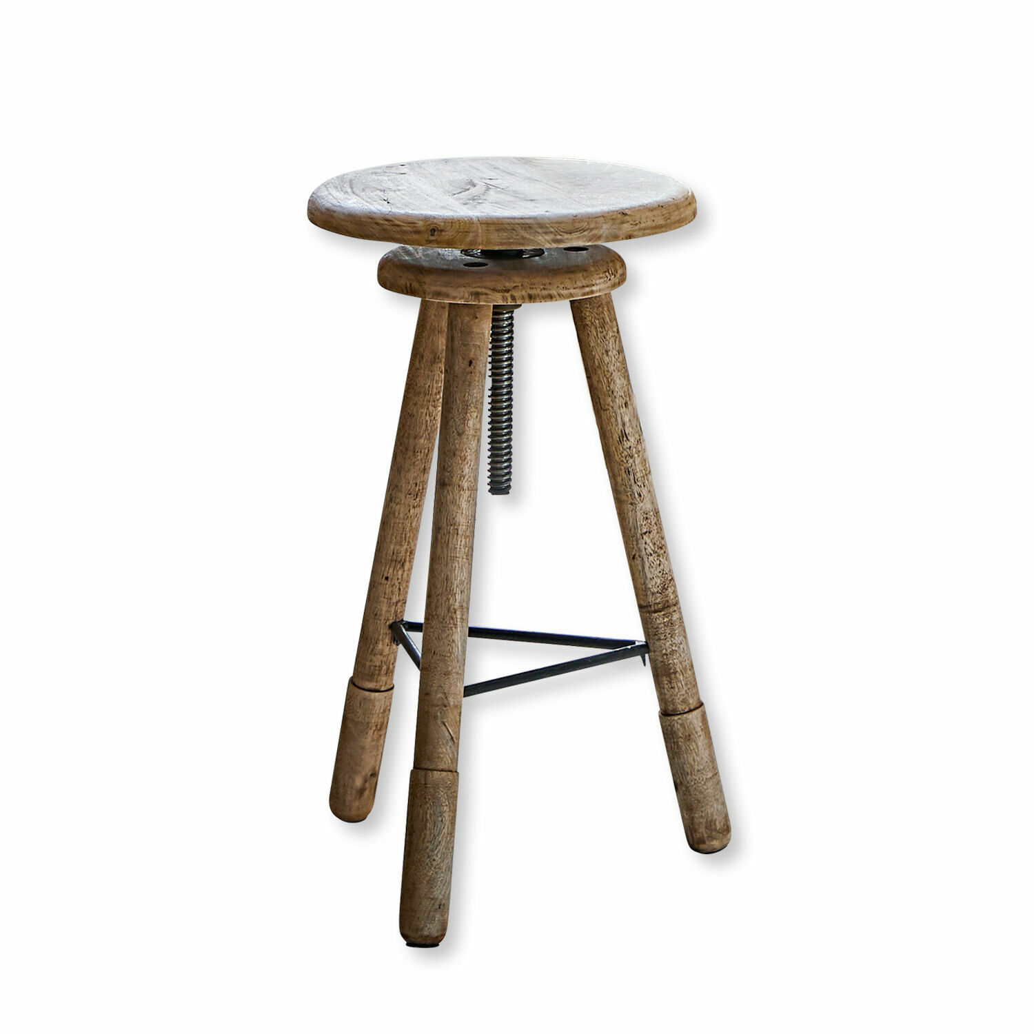 Hocker aus Mangoholz in Natur mit verstellbarer Höhe und schwarzer Metallverstrebung