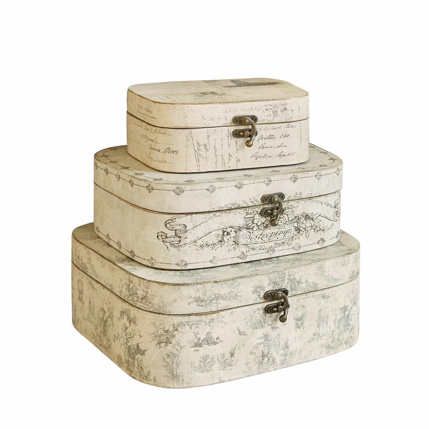 Drei cremefarbene Dekoboxen mit Metallverschluss und Vintage-Muster zum Aufbewahren