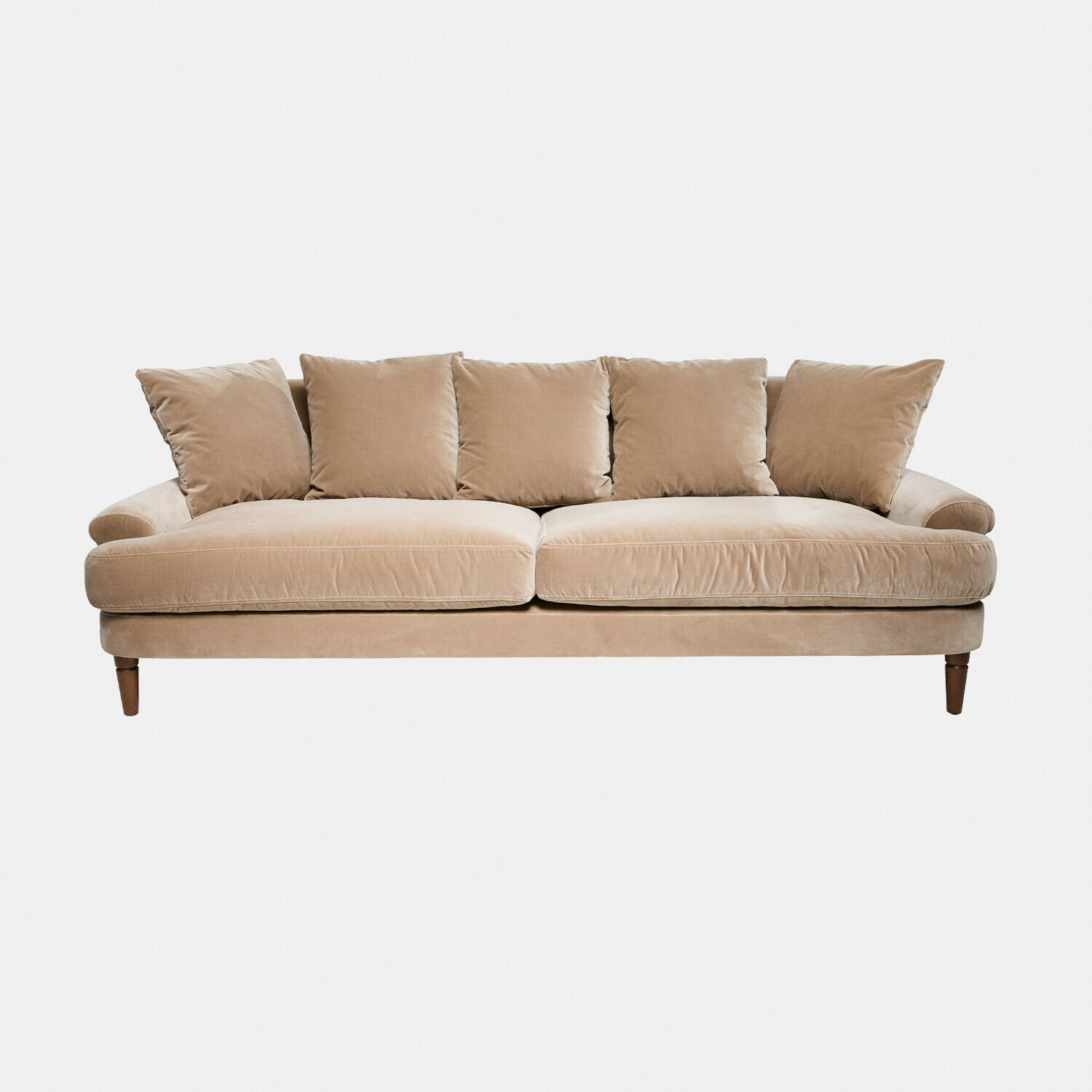 Beiges Rivermere Sofa aus weichem Stoff mit Kissen, komfortabel für Wohnzimmer und Entspannung