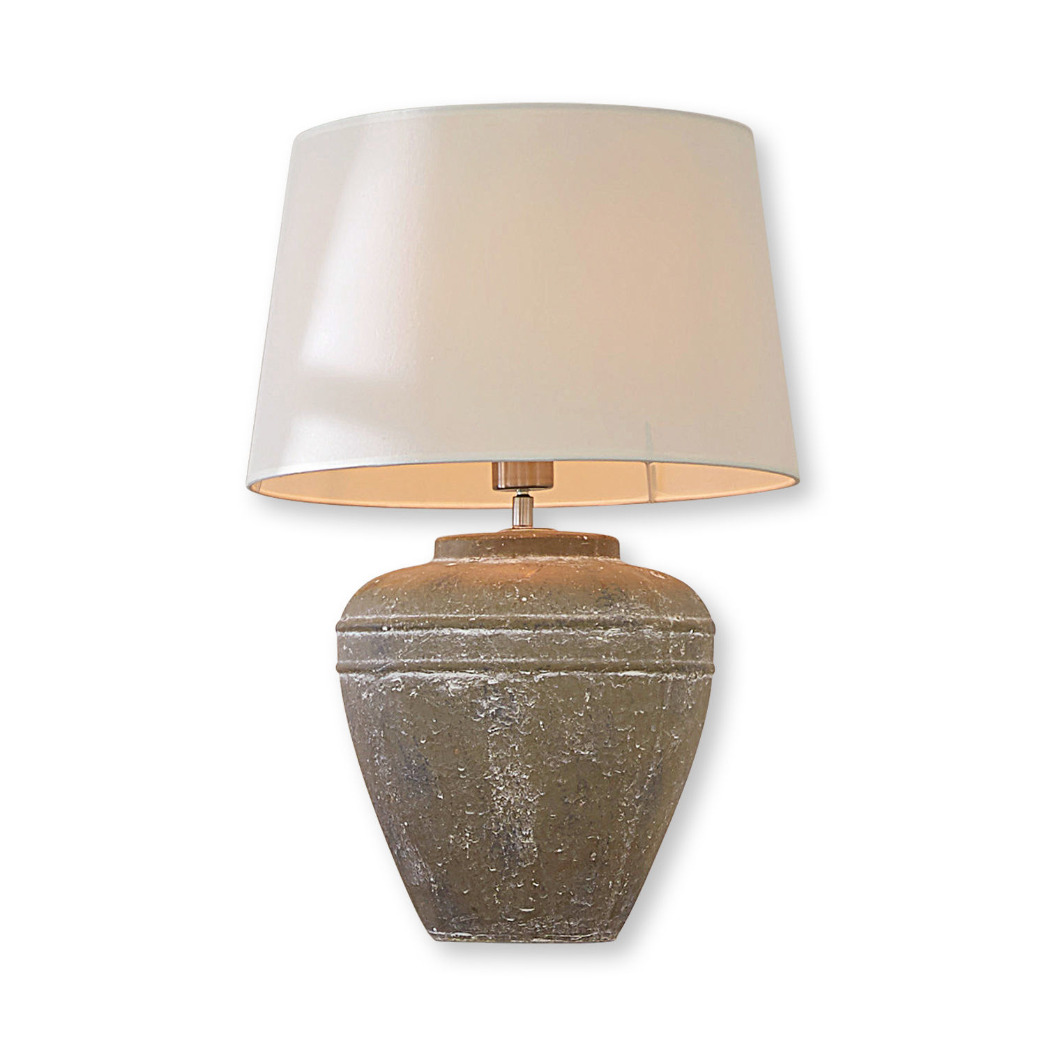 Tischlampe mit grauer Keramikbasis und weißem Lampenschirm für Wohnzimmer und Schlafzimmer
