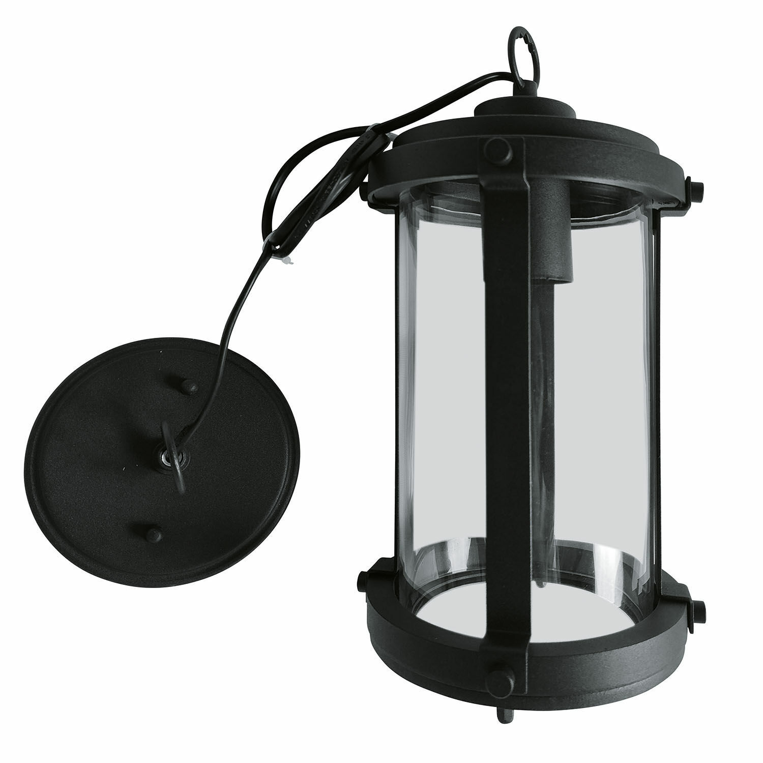 Schwarze Metall-Wandleuchte mit klarem Glaszylinder und Stromkabel