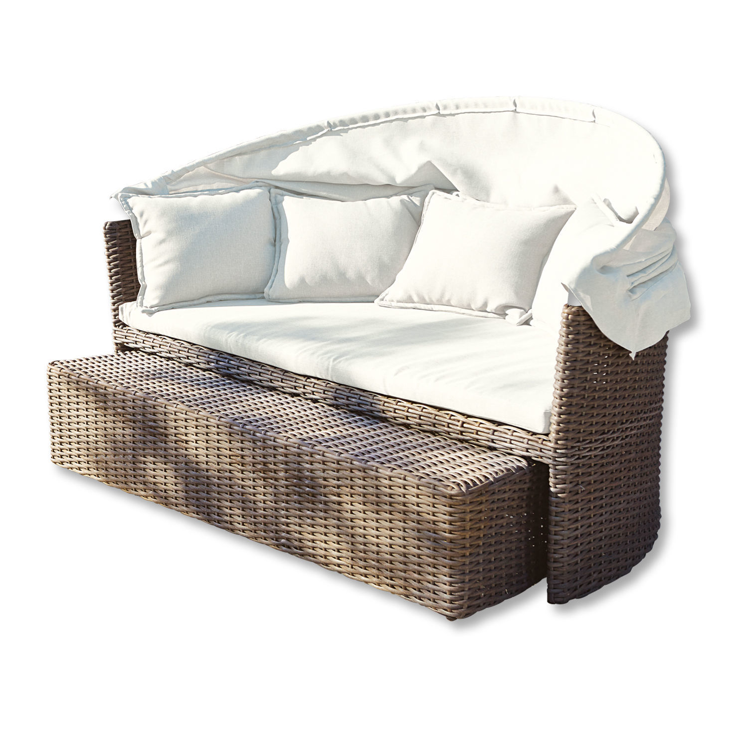 Braunes Rattan-Gartensofa mit weißen Kissen und Sonnendach, komfortables Lounge-Möbel