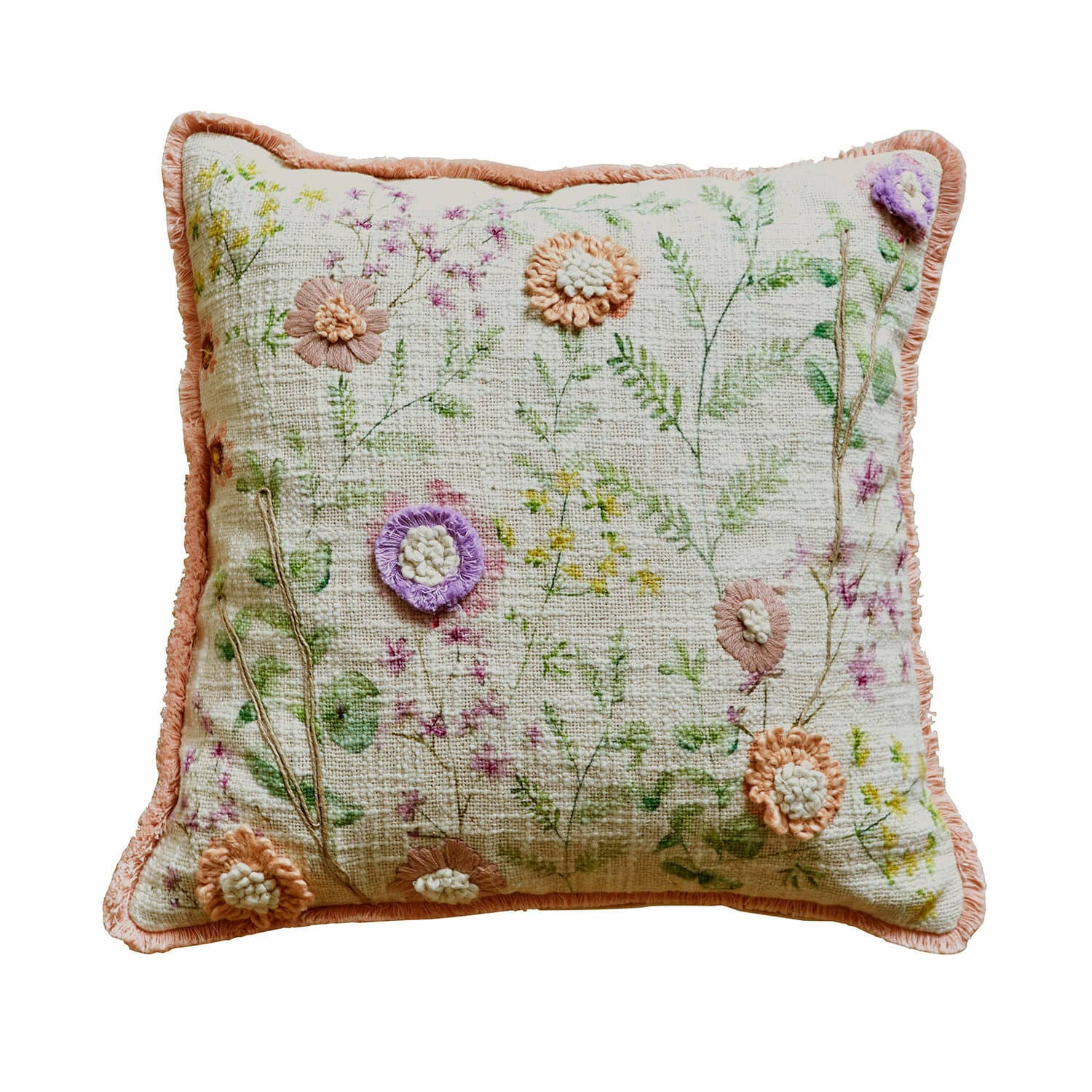 Kissenhülle Lailah Dekoratives Baumwollkissen mit pastellfarbenen Blumenstickereien und rosa Fransenrand